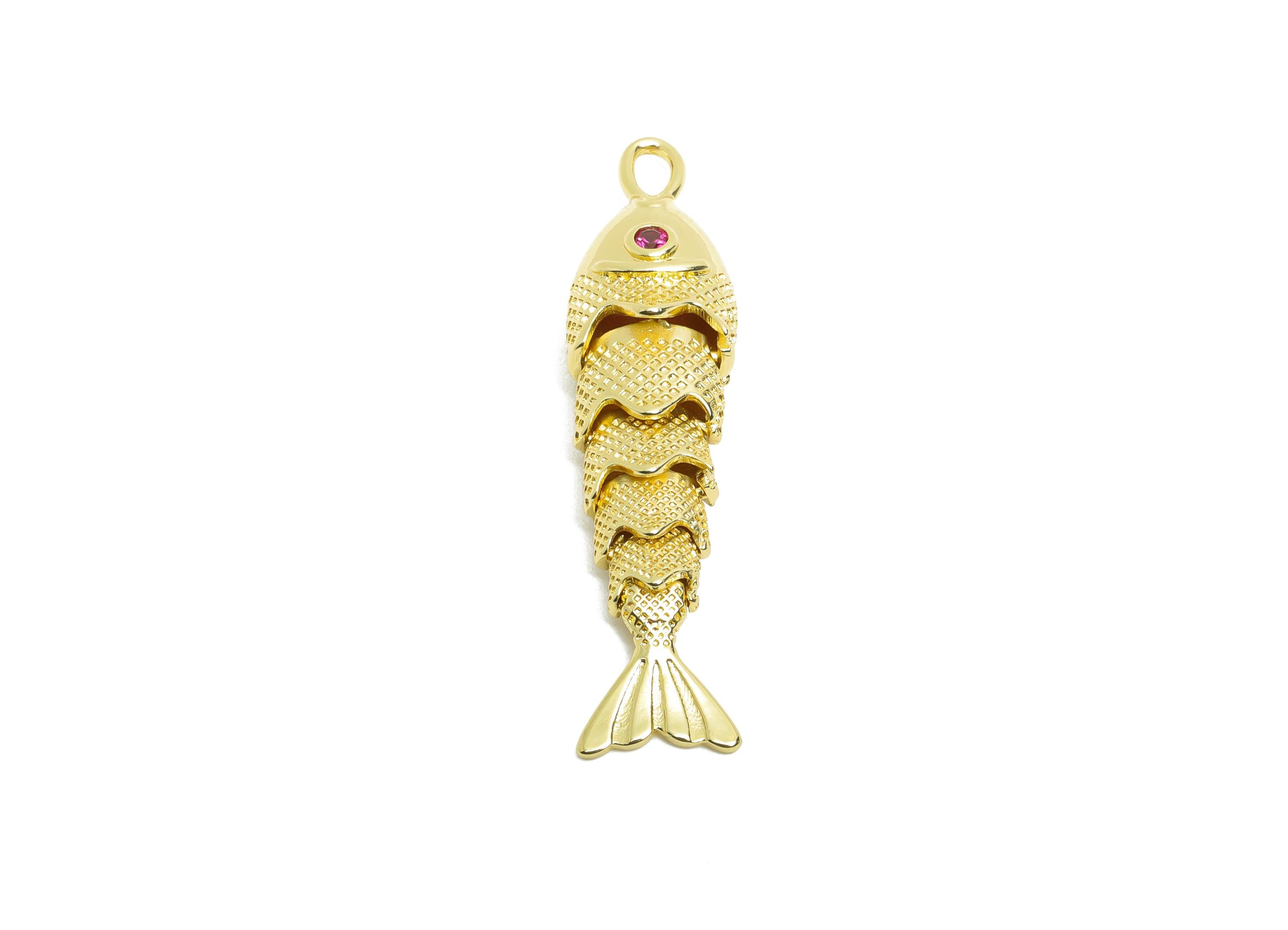 Brass Cloisonne Fish Charm - Unique Textured Movable Fish Pendant - CZ Realistic 3D Fish Pendant - 18K Real Gold Plated - 41x9x7mm -RGP10747 - DOMEDBAZAAR