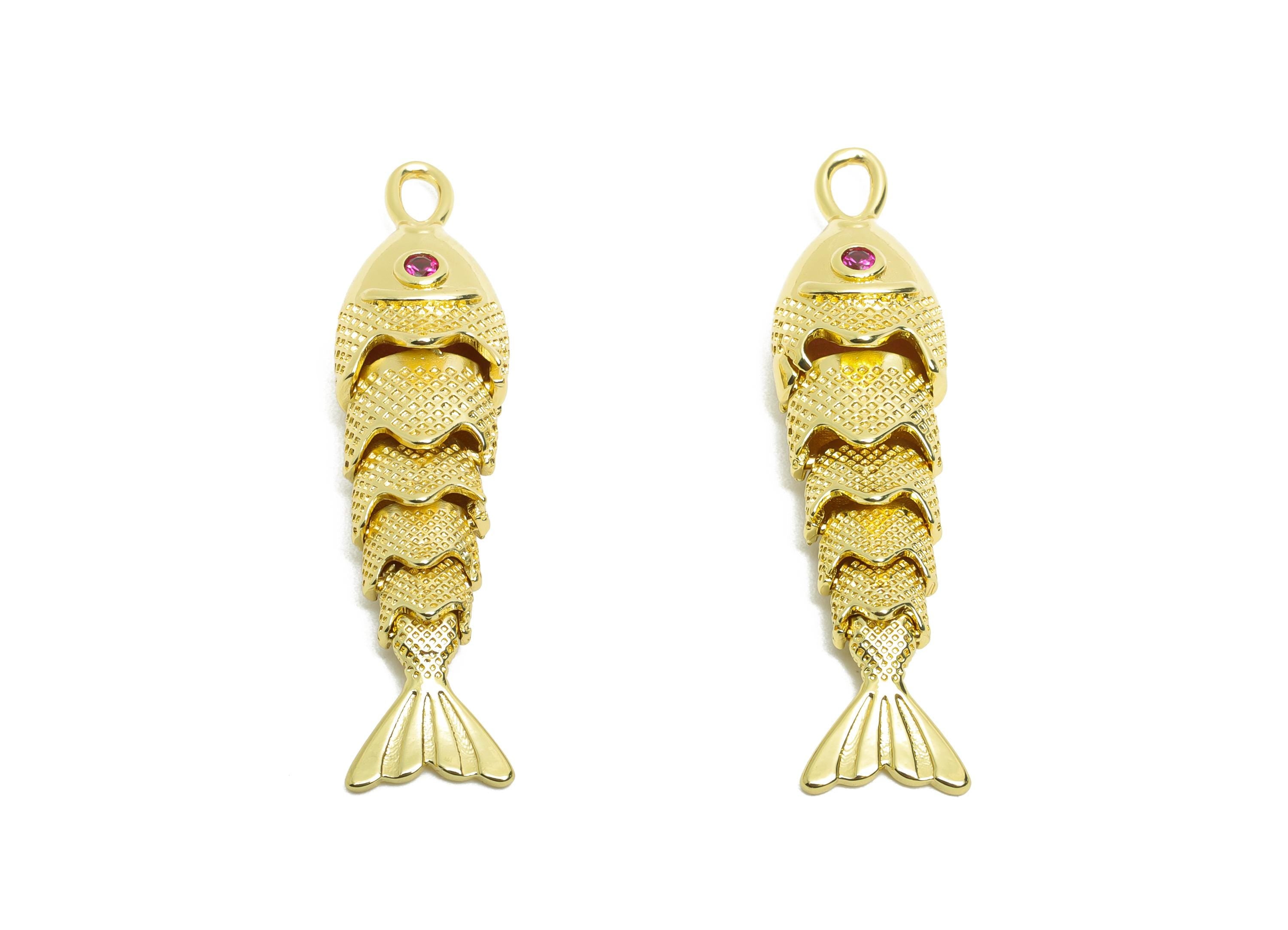 Brass Cloisonne Fish Charm - Unique Textured Movable Fish Pendant - CZ Realistic 3D Fish Pendant - 18K Real Gold Plated - 41x9x7mm -RGP10747 - DOMEDBAZAAR