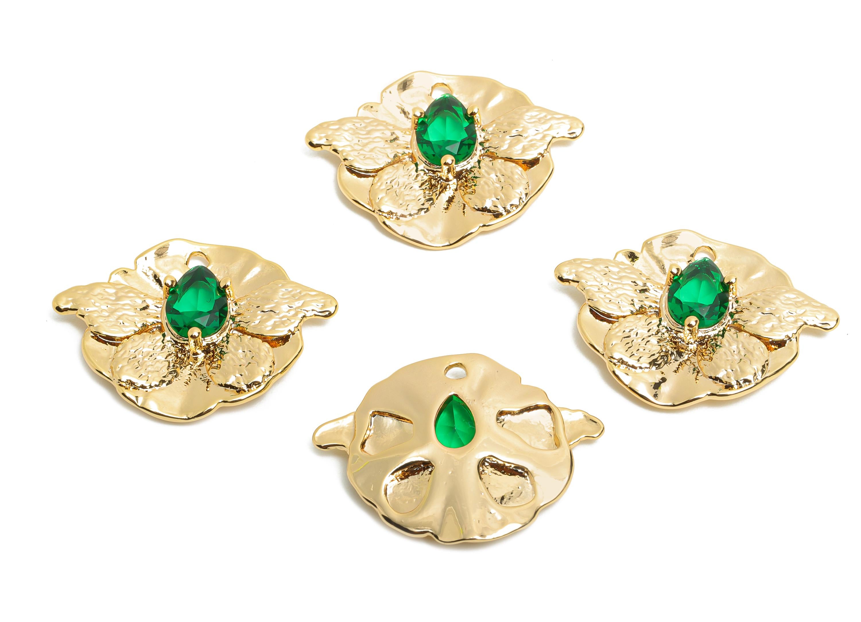 Brass Butterfly Charms - Gold Textured Insect Charms - Elegant Green Drop Crystal Charms - 18K Real Gold Plated - 23x17.38x3.7mm - RGP10506 - DOMEDBAZAAR