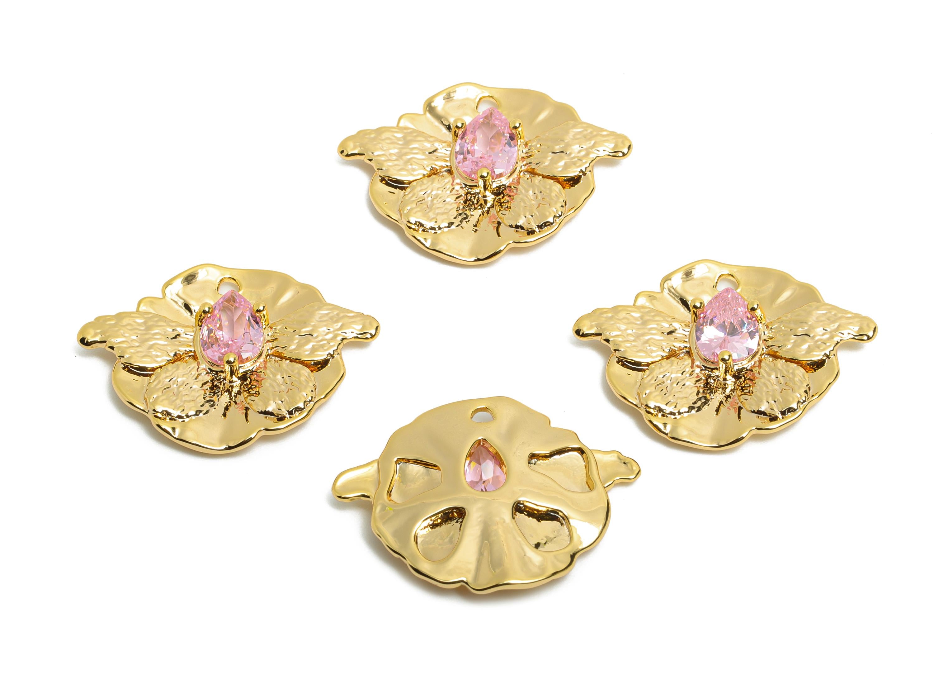 Brass Butterfly Charms - Gold Textured Insect Charms - Refined Pink Drop Crystal Charms - 18K Real Gold Plated - 23x17.38x3.7mm - RGP10505 - DOMEDBAZAAR