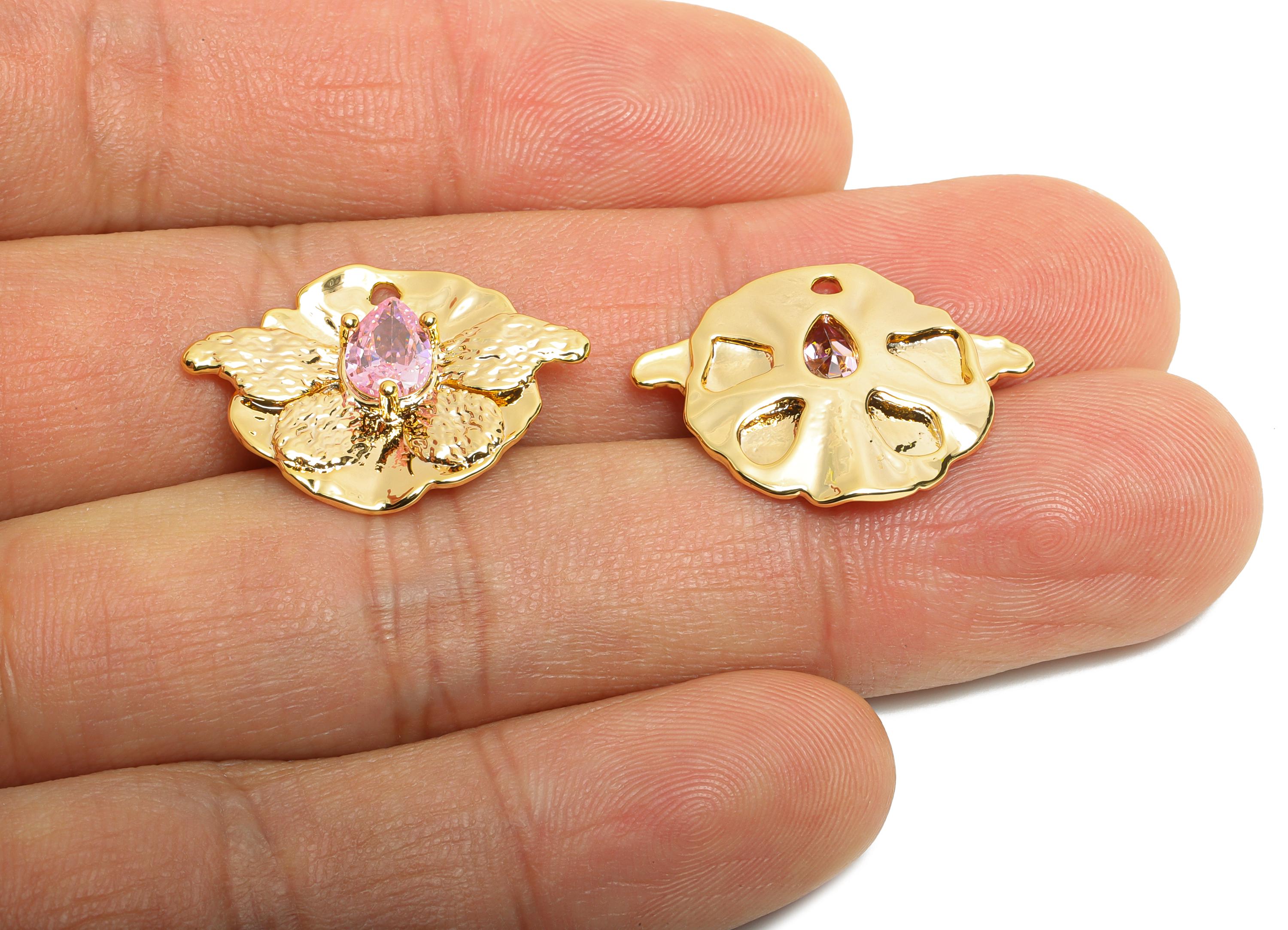Brass Butterfly Charms - Gold Textured Insect Charms - Refined Pink Drop Crystal Charms - 18K Real Gold Plated - 23x17.38x3.7mm - RGP10505 - DOMEDBAZAAR