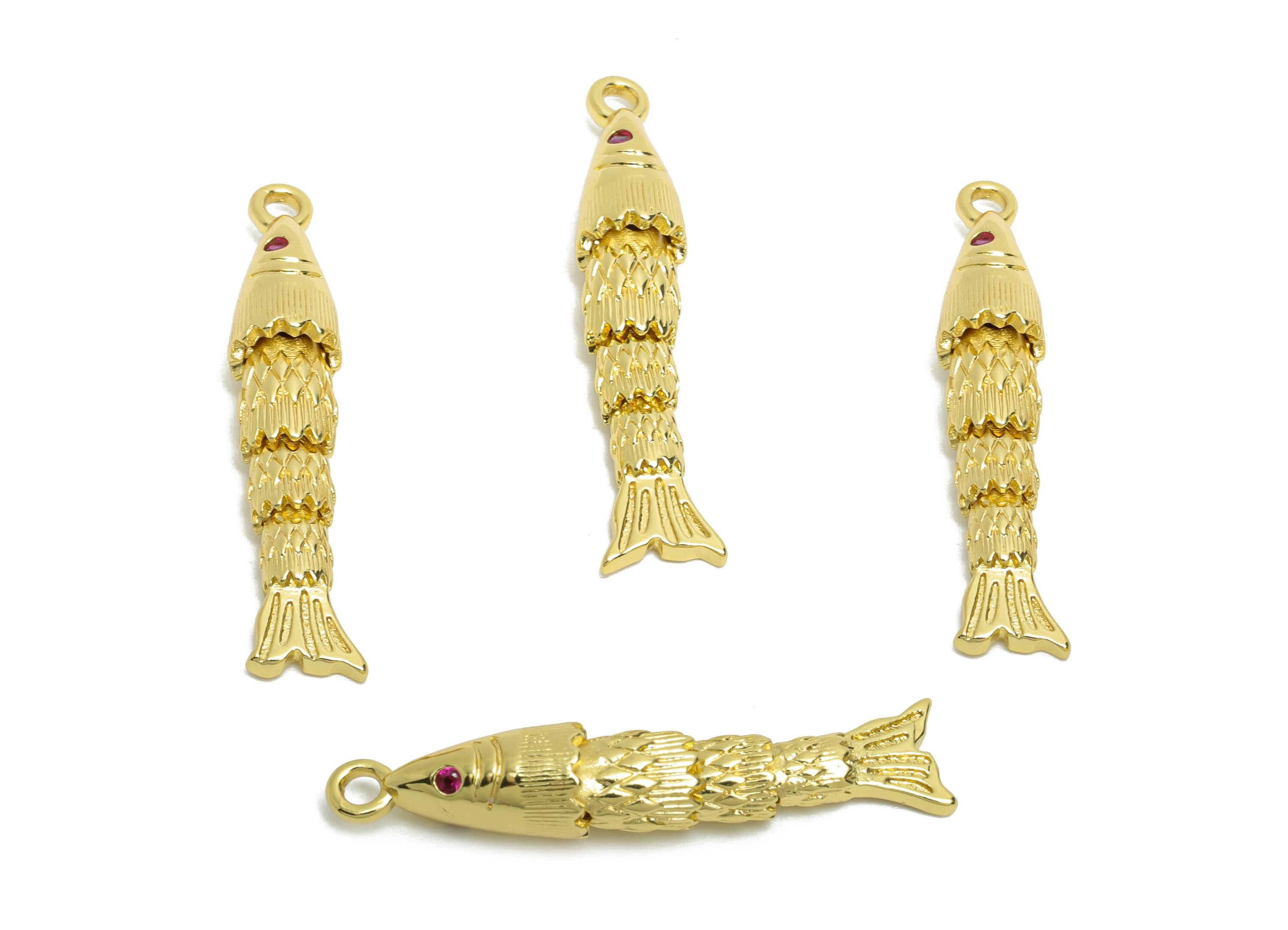 Brass Cloisonne Fish Charm - Unique Textured Zircon Fish Pendant - 3D Marine Movable Charm - 18K Real Gold Plated - 36x6x6mm - RGP10746 - DOMEDBAZAAR