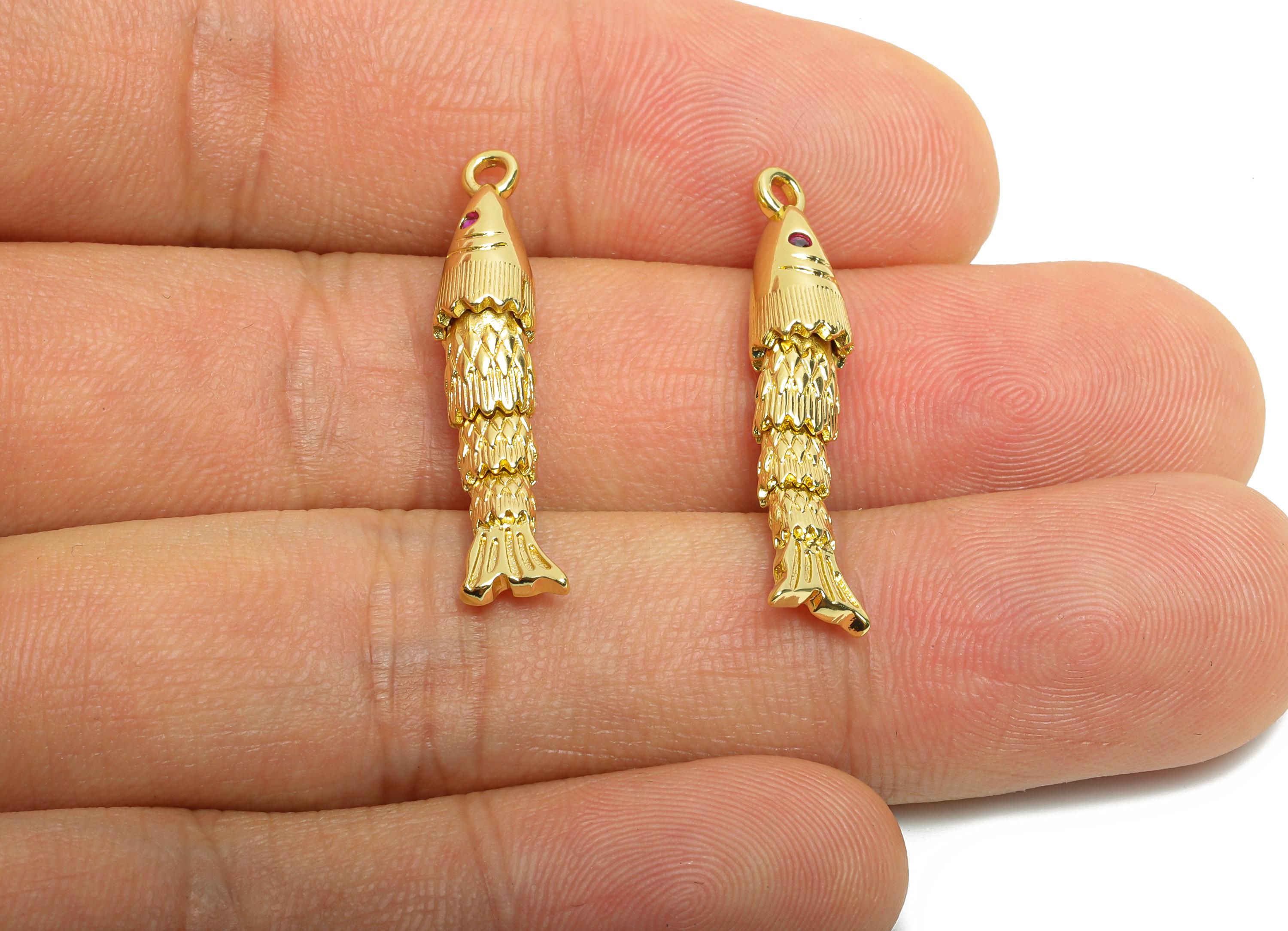 Brass Cloisonne Fish Charm - Unique Textured Zircon Fish Pendant - 3D Marine Movable Charm - 18K Real Gold Plated - 36x6x6mm - RGP10746 - DOMEDBAZAAR