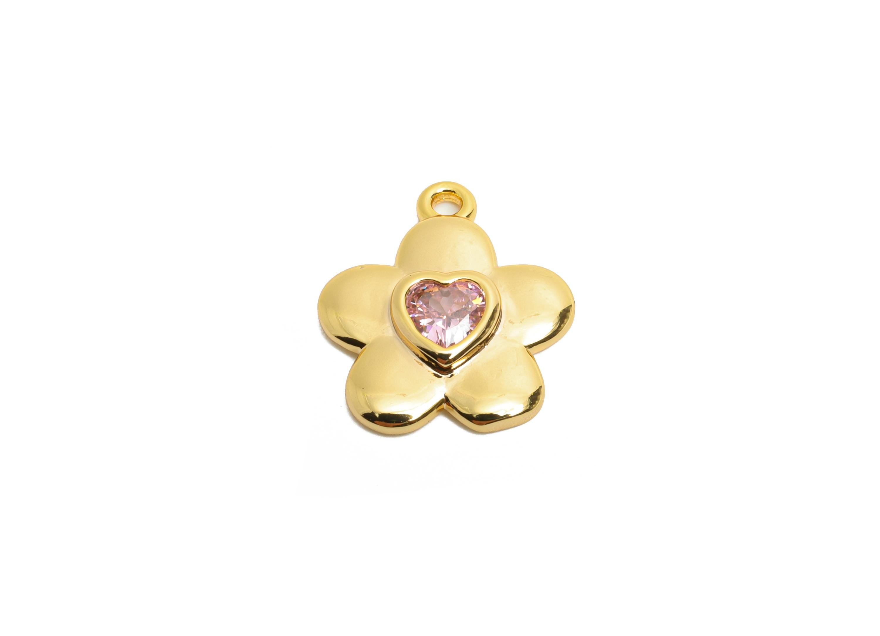 Gold Brass Flower Charms - Refined Pink Heart Crystal Charms - Minimalist Floral Jewelry - 18K Real Gold Plated - 14x12.45x2.55mm - RGP10471 - DOMEDBAZAAR