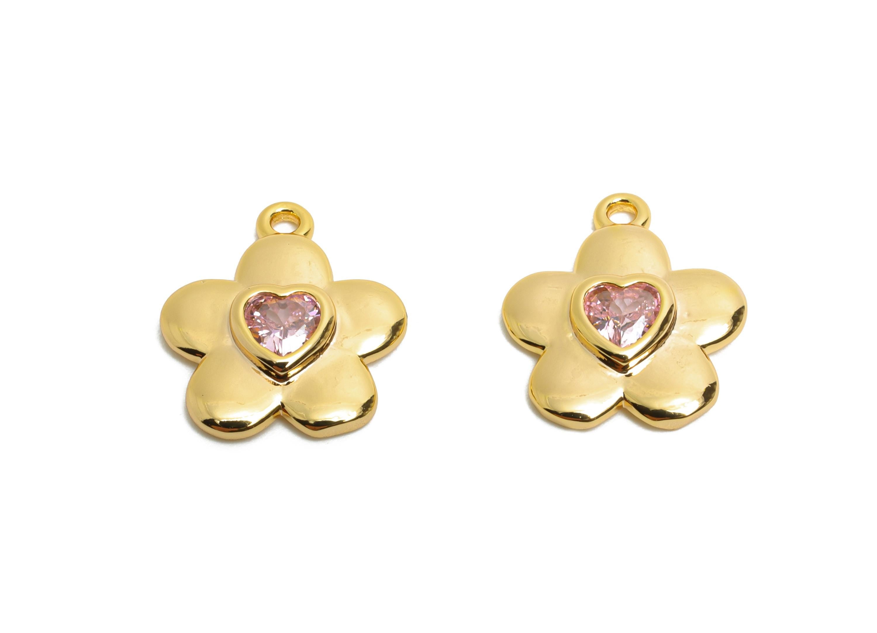 Gold Brass Flower Charms - Refined Pink Heart Crystal Charms - Minimalist Floral Jewelry - 18K Real Gold Plated - 14x12.45x2.55mm - RGP10471 - DOMEDBAZAAR