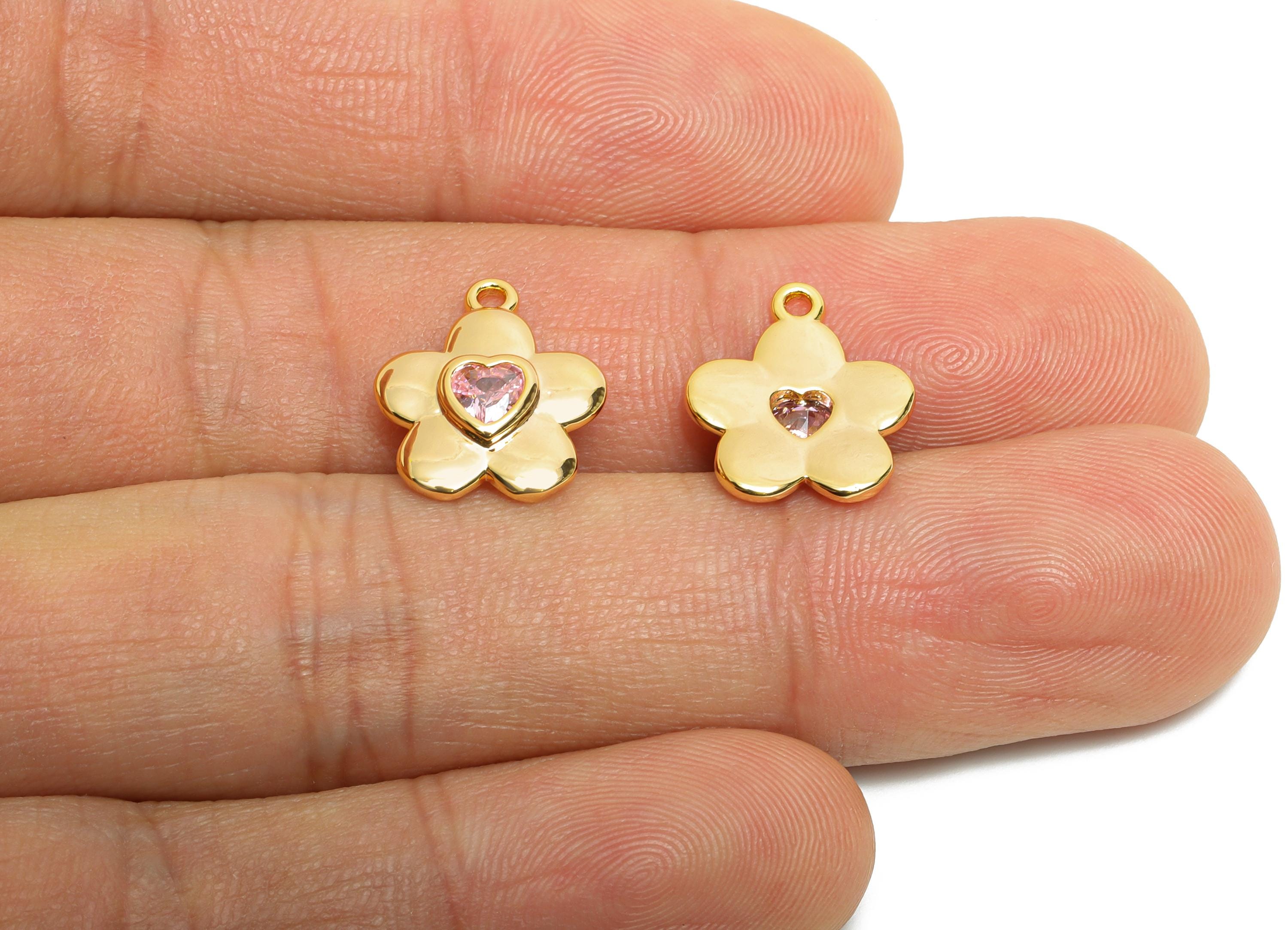 Gold Brass Flower Charms - Refined Pink Heart Crystal Charms - Minimalist Floral Jewelry - 18K Real Gold Plated - 14x12.45x2.55mm - RGP10471 - DOMEDBAZAAR