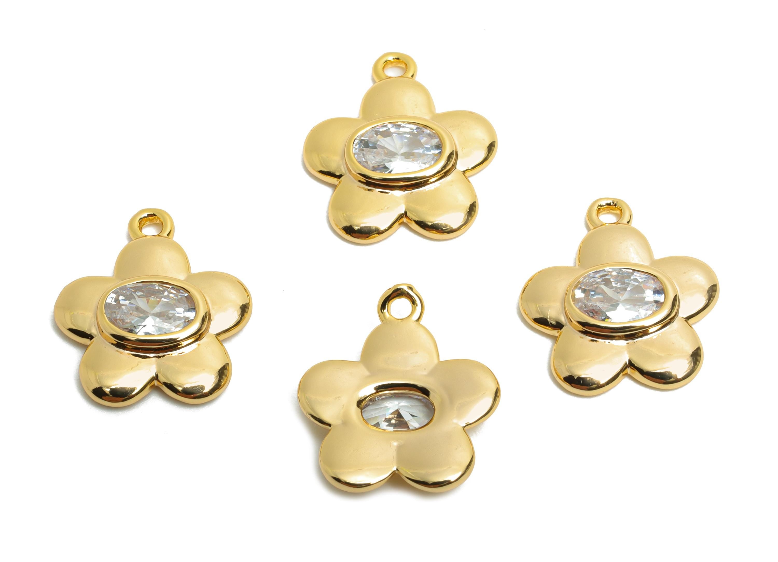 Gold Brass Flower Charms - Elegant Oval Crystal Charms - Minimalist Floral Jewelry - 18K Real Gold Plating - 14.3x12.45x2.55mm - RGP10469 - DOMEDBAZAAR