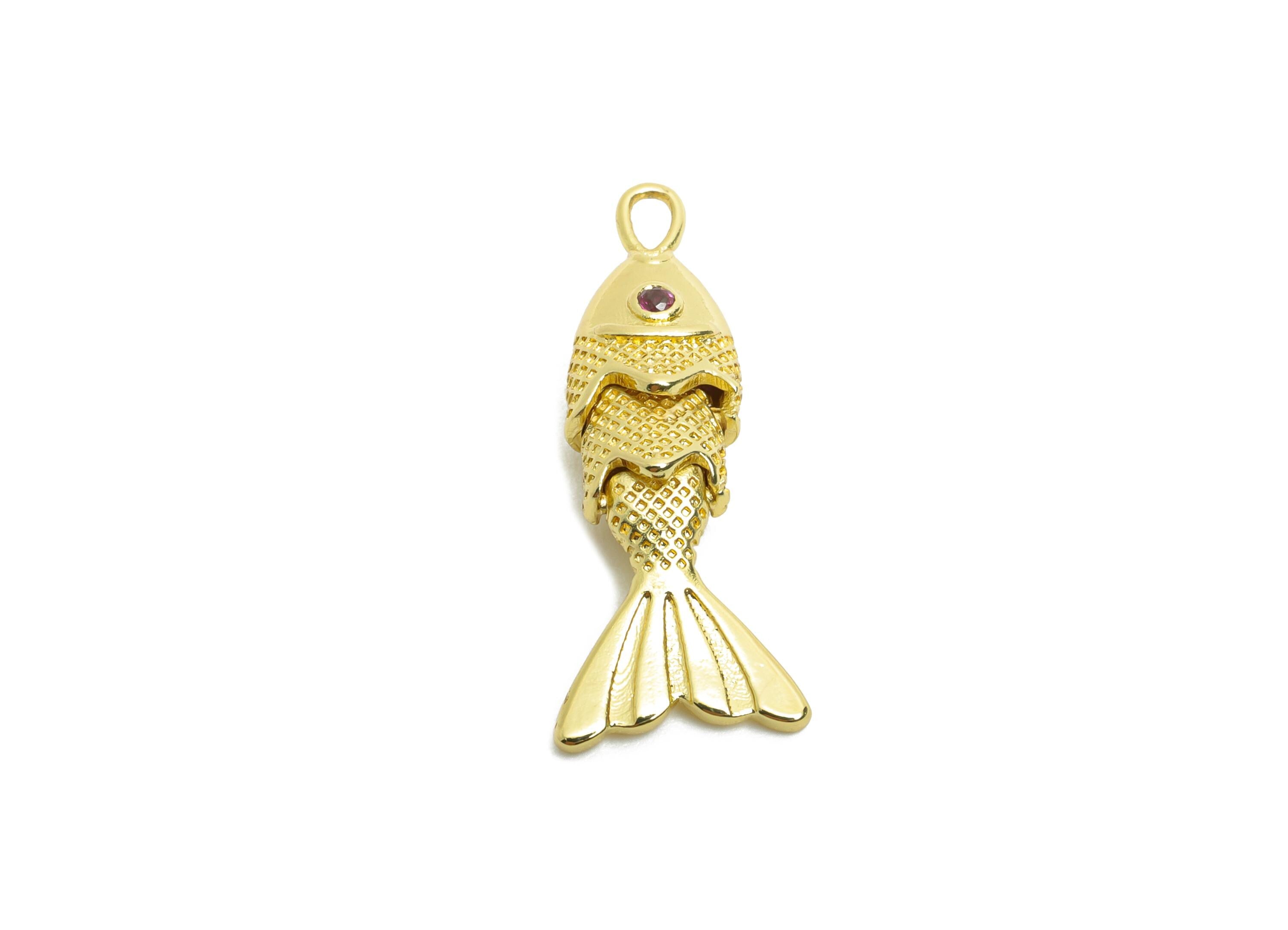 Gold Movable 3D Baby Fish Charm - Brass Textured CZ Articulated Flexible Marine Pendant - 18K Real Gold Plated - 22x6x4.95mm - RGP10749 - DOMEDBAZAAR