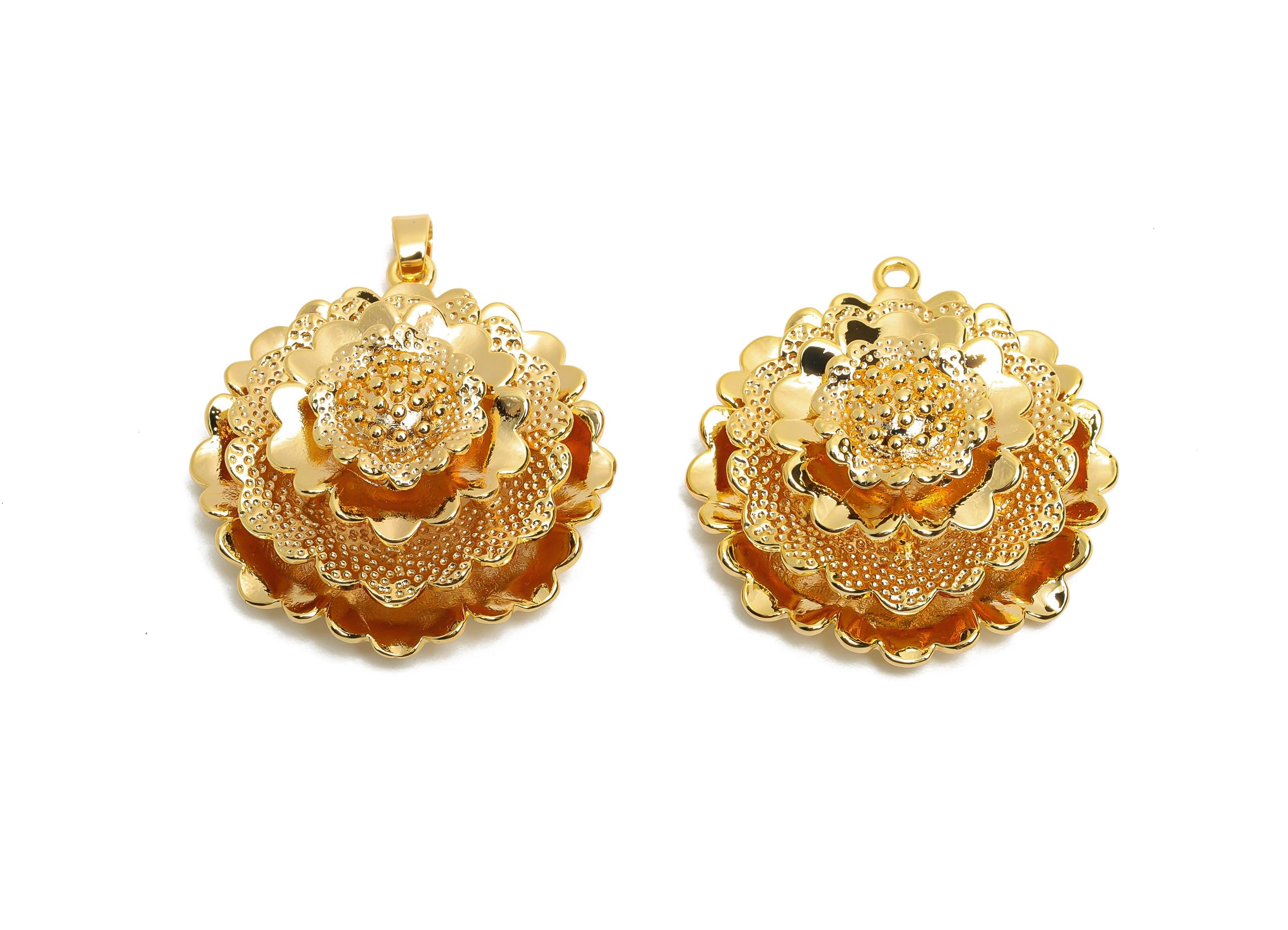 Brass 3D Layered Flower Pendant- Gold Botanical Huge Pendant for Necklace - Statement Jewelry - 18K Real Gold Plated - 36x29x13mm - RGP10507 - DOMEDBAZAAR