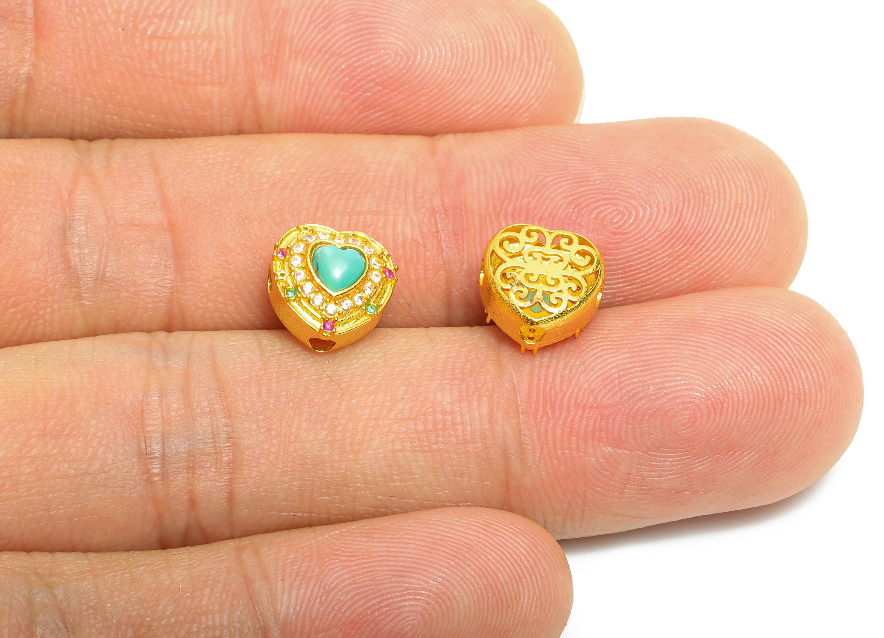 Brass Amber Heart Bead - Cubic Zircon Eastern Bead for Bracelet - Beaded Edge Spacer with Gem Detail - 24k Gold Plated - 9x9x5mm - RGP10729 - DOMEDBAZAAR