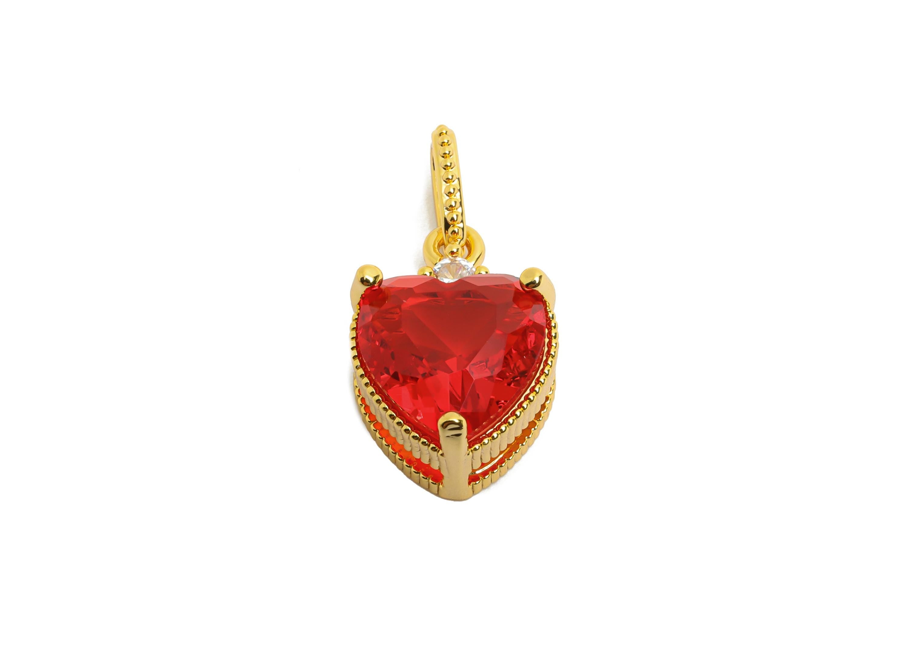Brass Heart Crystal Pendant- Elegant Red Heart Zircon Necklace Pendant - Romantic Jewelry - 18K Real Gold Plated - 21.5x11x7.5mm - RGP10489 - DOMEDBAZAAR