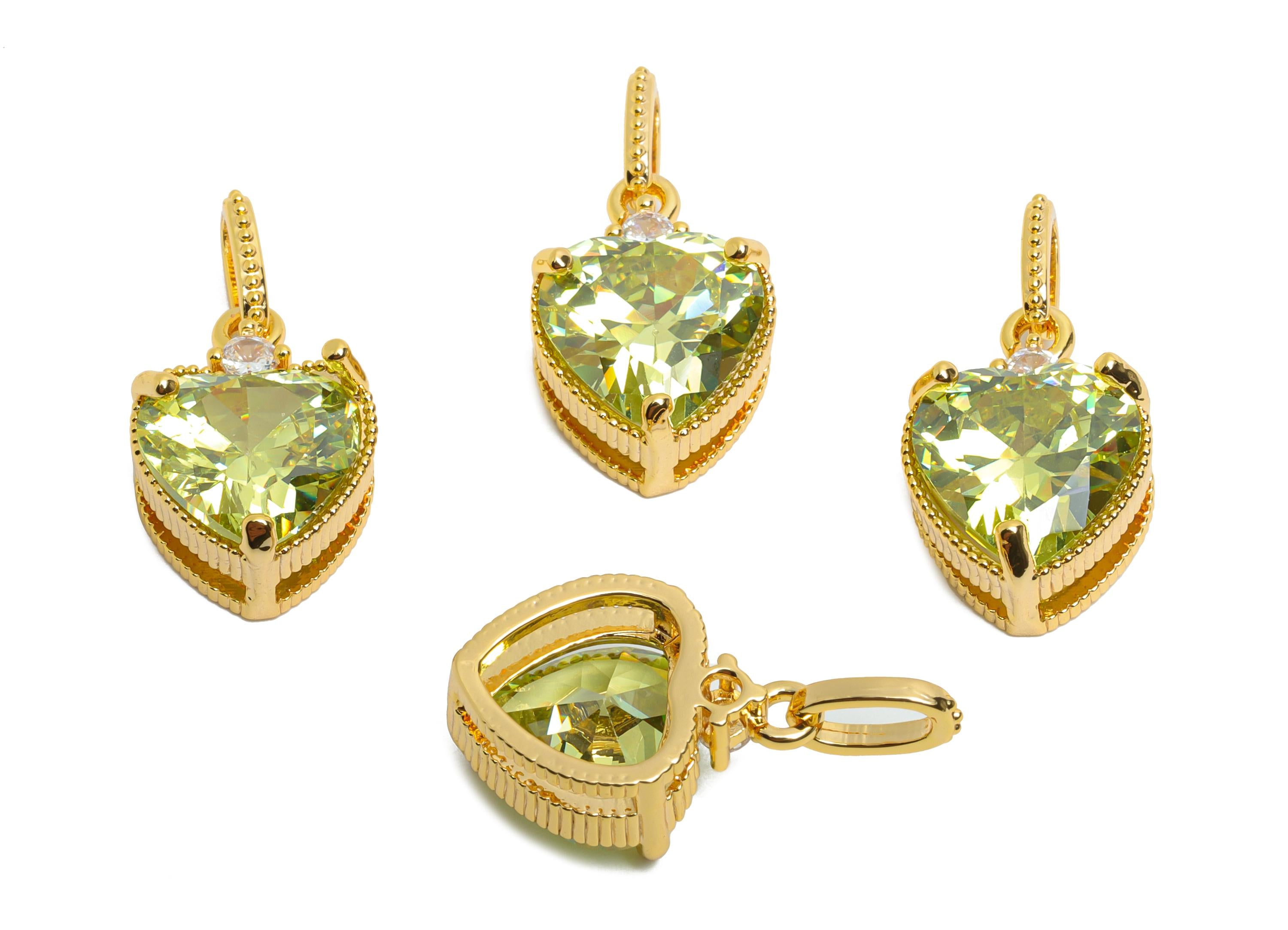 Brass Heart Crystal Pendant- Romantic Green Heart Zircon Necklace Pendant - Luxury Jewelry - 18K Real Gold Plated - 21.5x11x7.5mm - RGP10488 - DOMEDBAZAAR