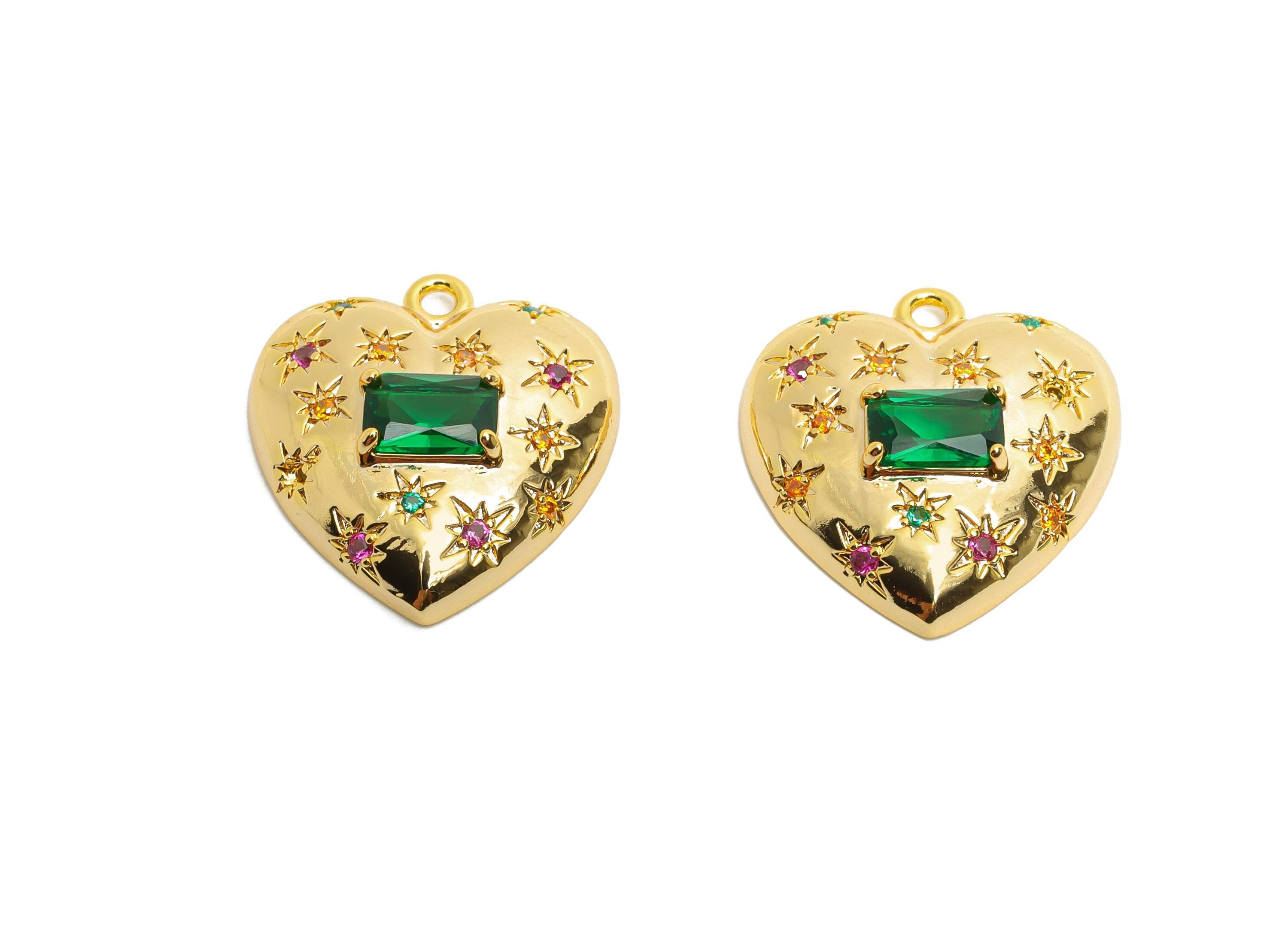Brass Heart Crystal Charm - Sparkling Green Rectangle Crystal Charm - Refined Heart Jewelry - 18K Real Gold Plated - 18x16.6x4.8mm -RGP10487 - DOMEDBAZAAR