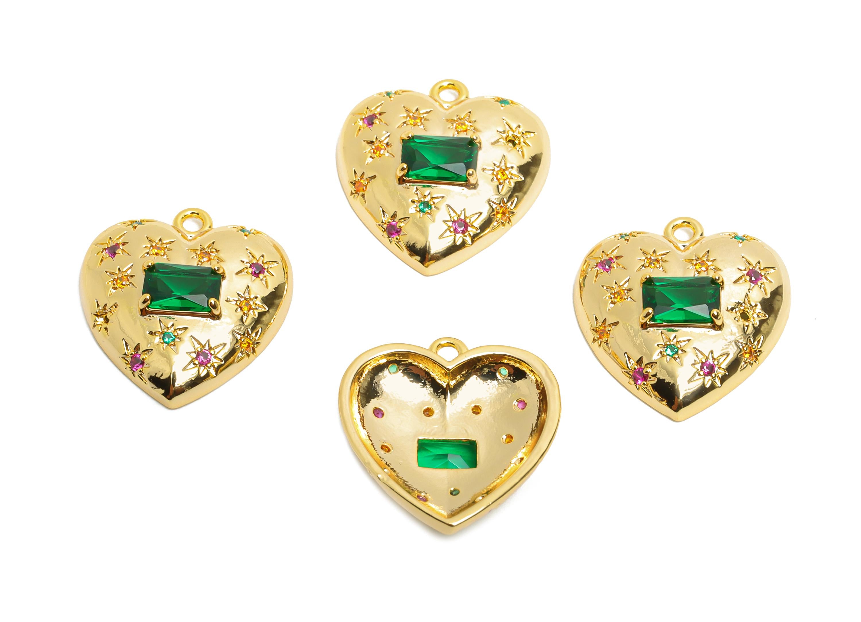 Brass Heart Crystal Charm - Sparkling Green Rectangle Crystal Charm - Refined Heart Jewelry - 18K Real Gold Plated - 18x16.6x4.8mm -RGP10487 - DOMEDBAZAAR