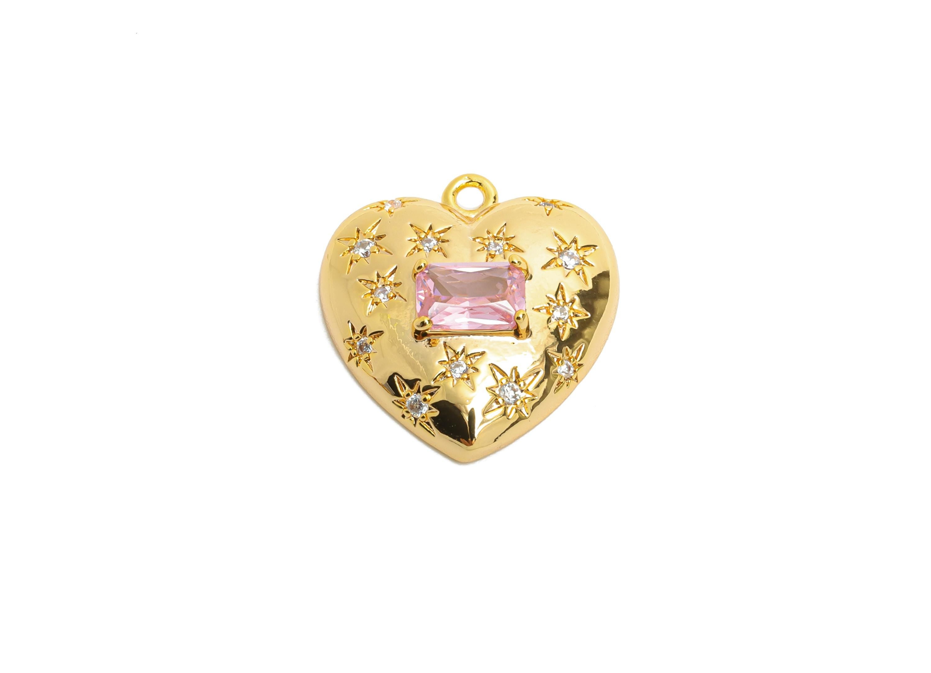 Brass Heart Crystal Charm - Sparkling Pink Rectangle Crystal Charm - Refined Heart Jewelry - 18K Real Gold Plated - 18x16.6x4.8mm - RGP10486 - DOMEDBAZAAR