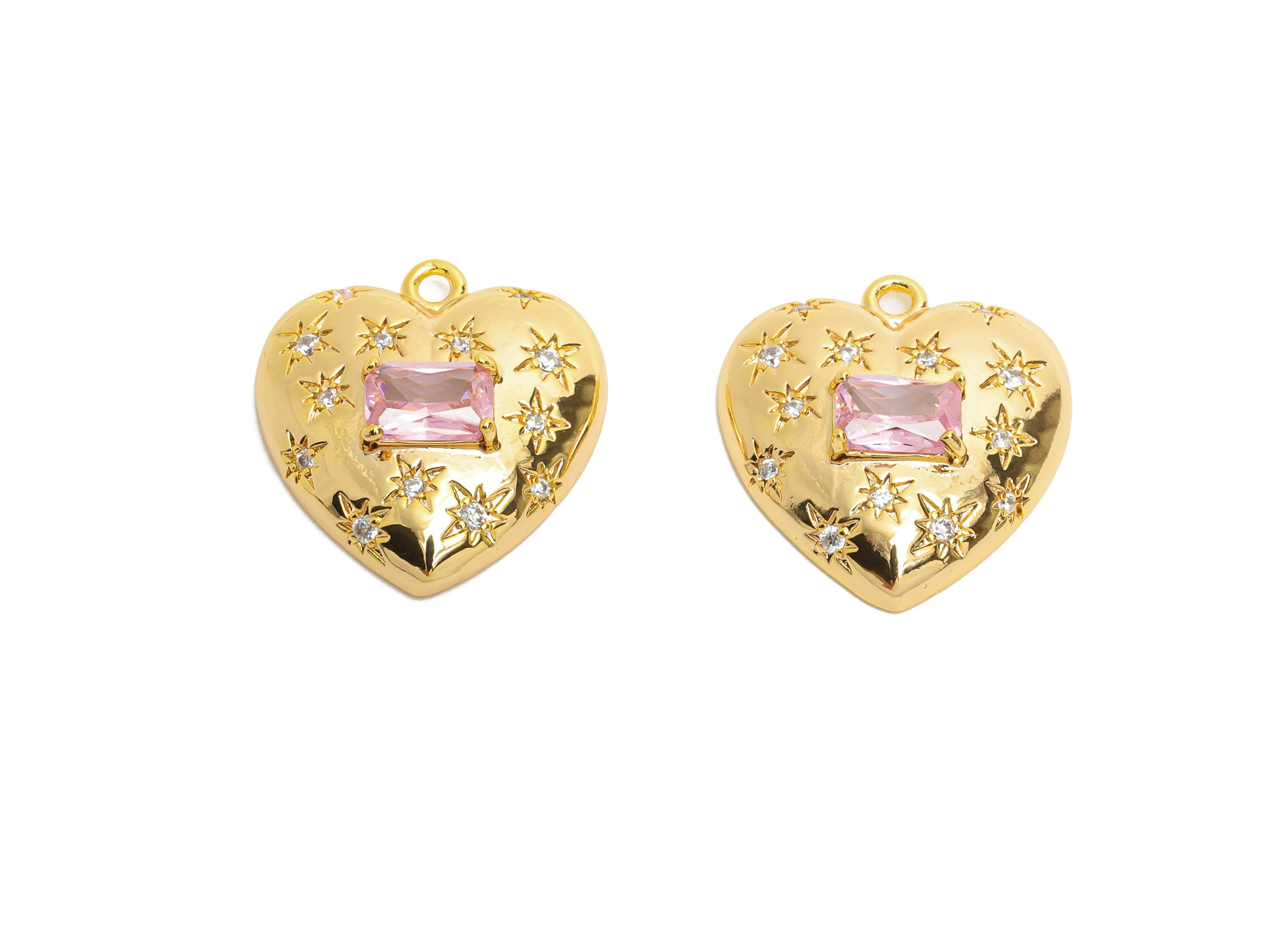 Brass Heart Crystal Charm - Sparkling Pink Rectangle Crystal Charm - Refined Heart Jewelry - 18K Real Gold Plated - 18x16.6x4.8mm - RGP10486 - DOMEDBAZAAR