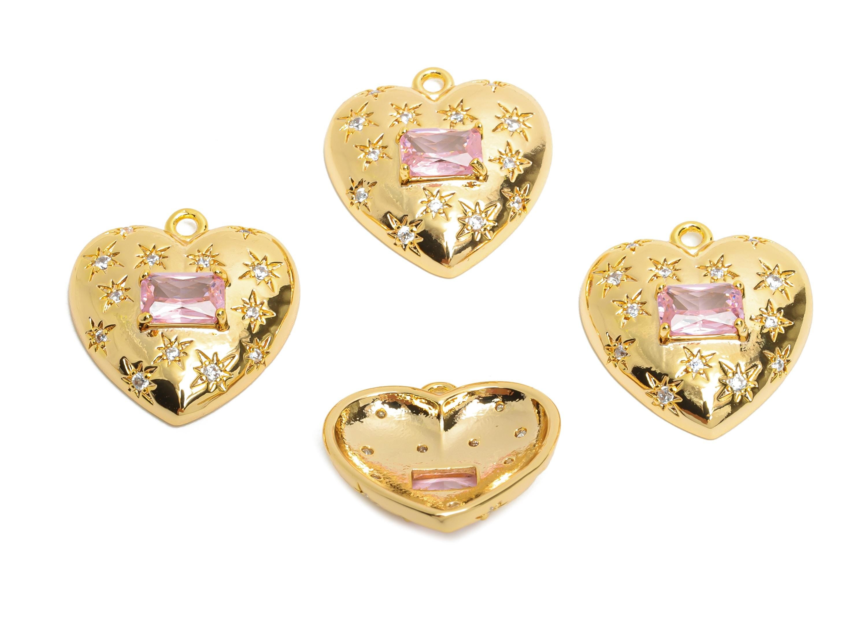 Brass Heart Crystal Charm - Sparkling Pink Rectangle Crystal Charm - Refined Heart Jewelry - 18K Real Gold Plated - 18x16.6x4.8mm - RGP10486 - DOMEDBAZAAR