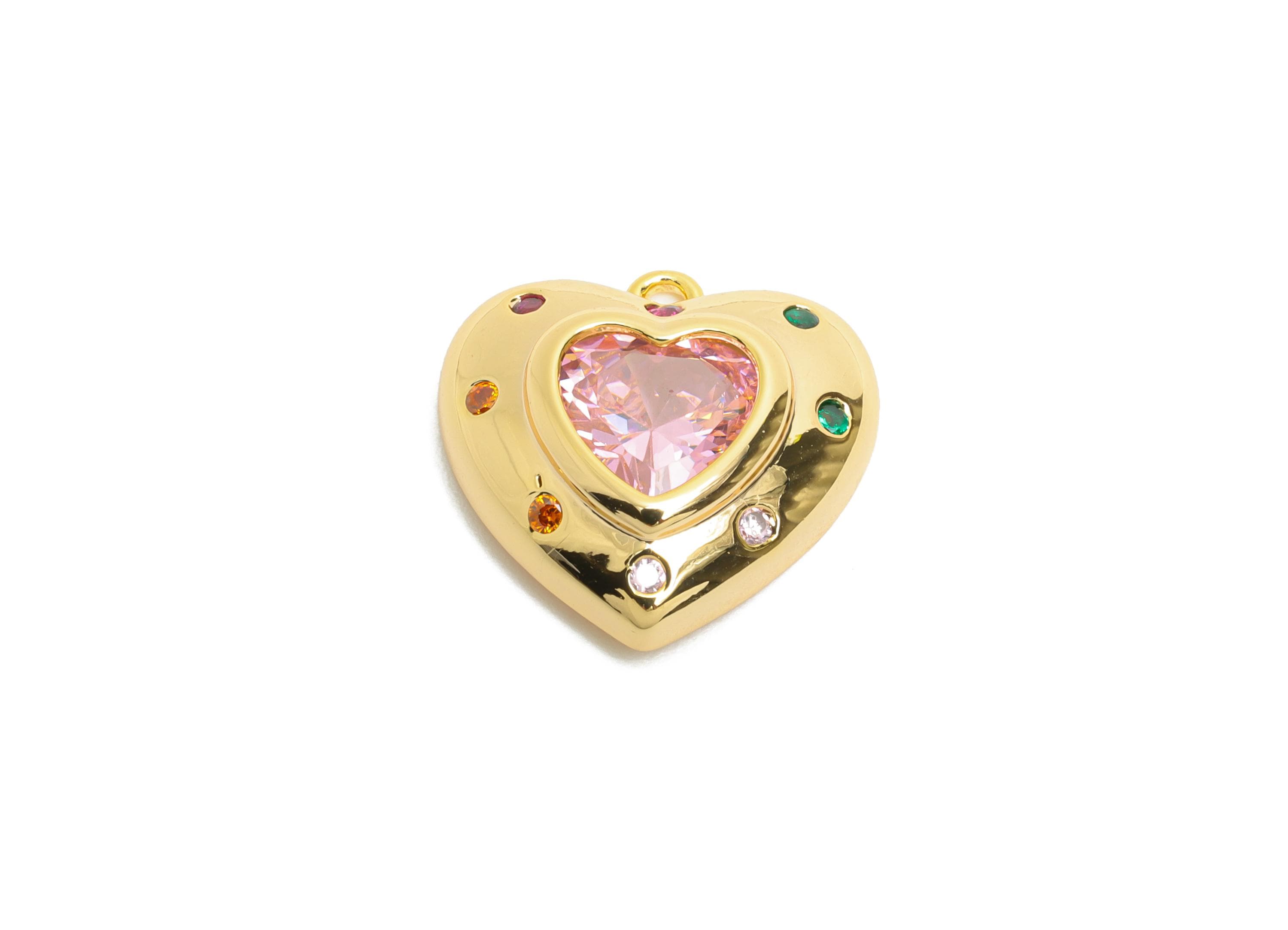 Brass Heart Crystal Charms - Sparkling Pink Heart Zircon Charms - Elegant Jewelry Making - 18K Real Gold Plated - 16x15.9x4.75mm - RGP10501 - DOMEDBAZAAR
