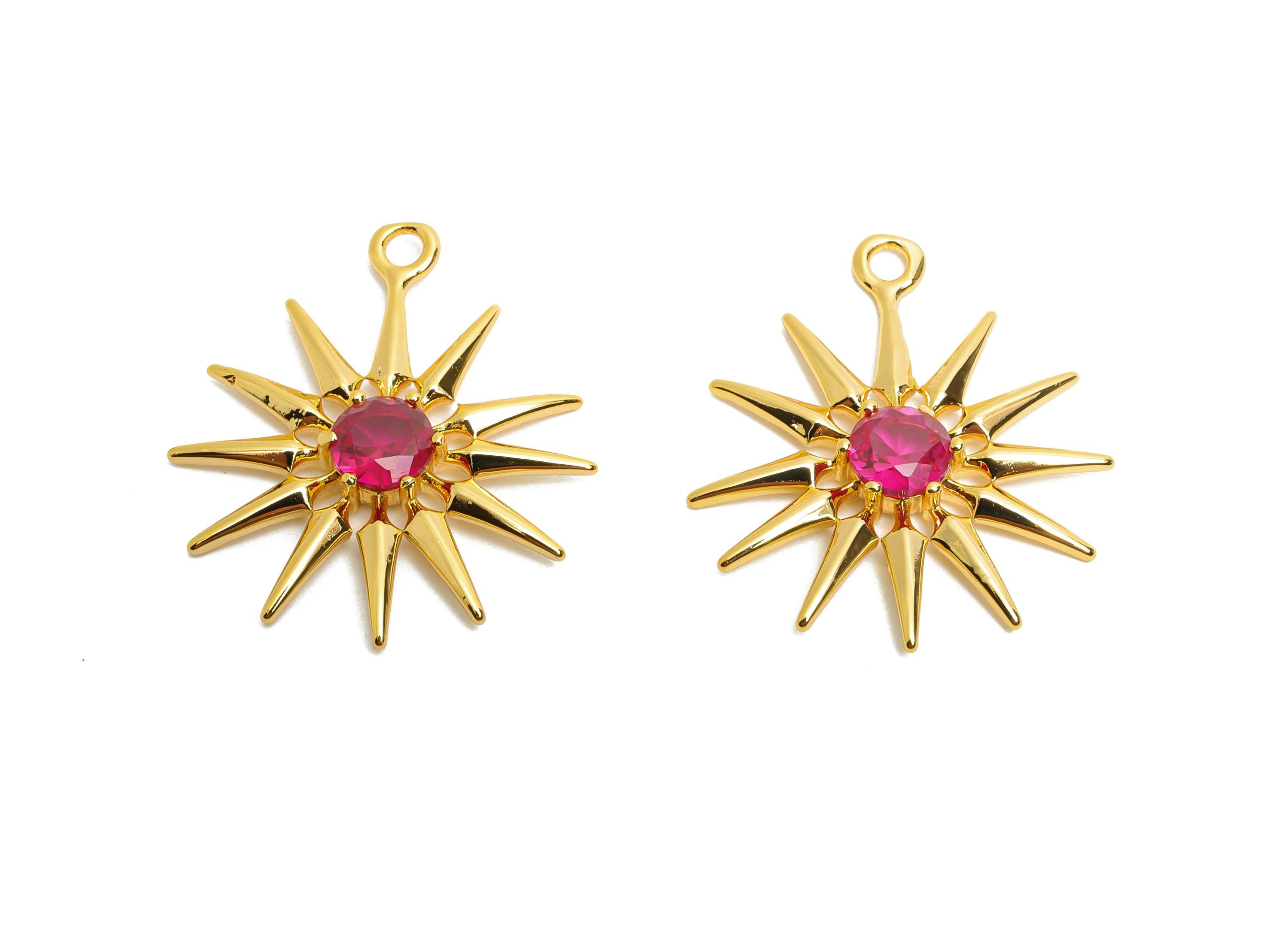 Brass Sunburst Crystal Charms - Luxury Pink Celestial Sun Charms - Dazzling Gold Jewelry - 18K Real Gold Plated - 23.85x19x3.34mm - RGP10473 - DOMEDBAZAAR