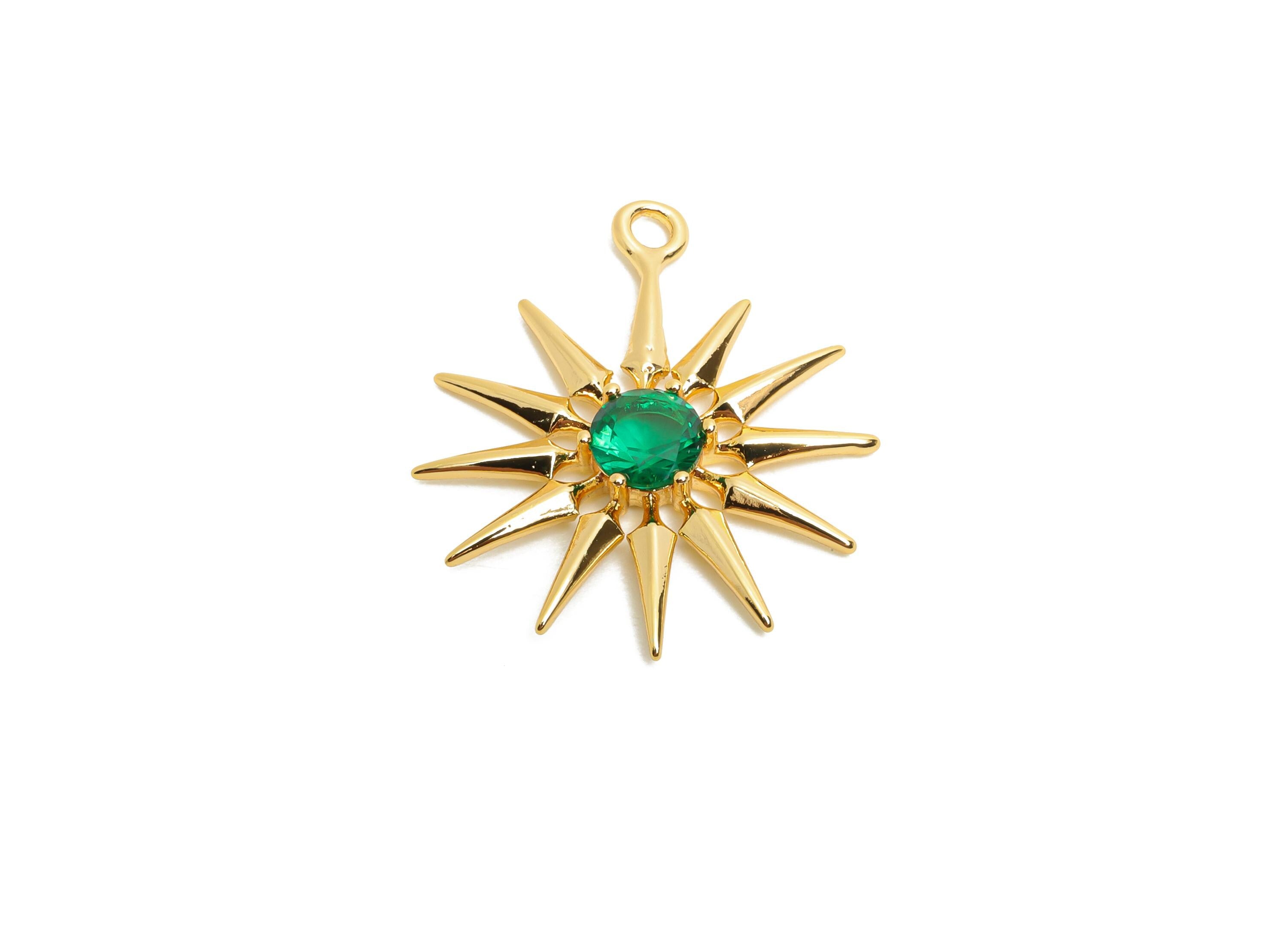 Brass Sunburst Crystal Charms - Dazzling Green Celestial Sun Charm - Dainty Gold Jewelry - 18K Real Gold Plated - 23.85x19x3.34mm - RGP10475 - DOMEDBAZAAR