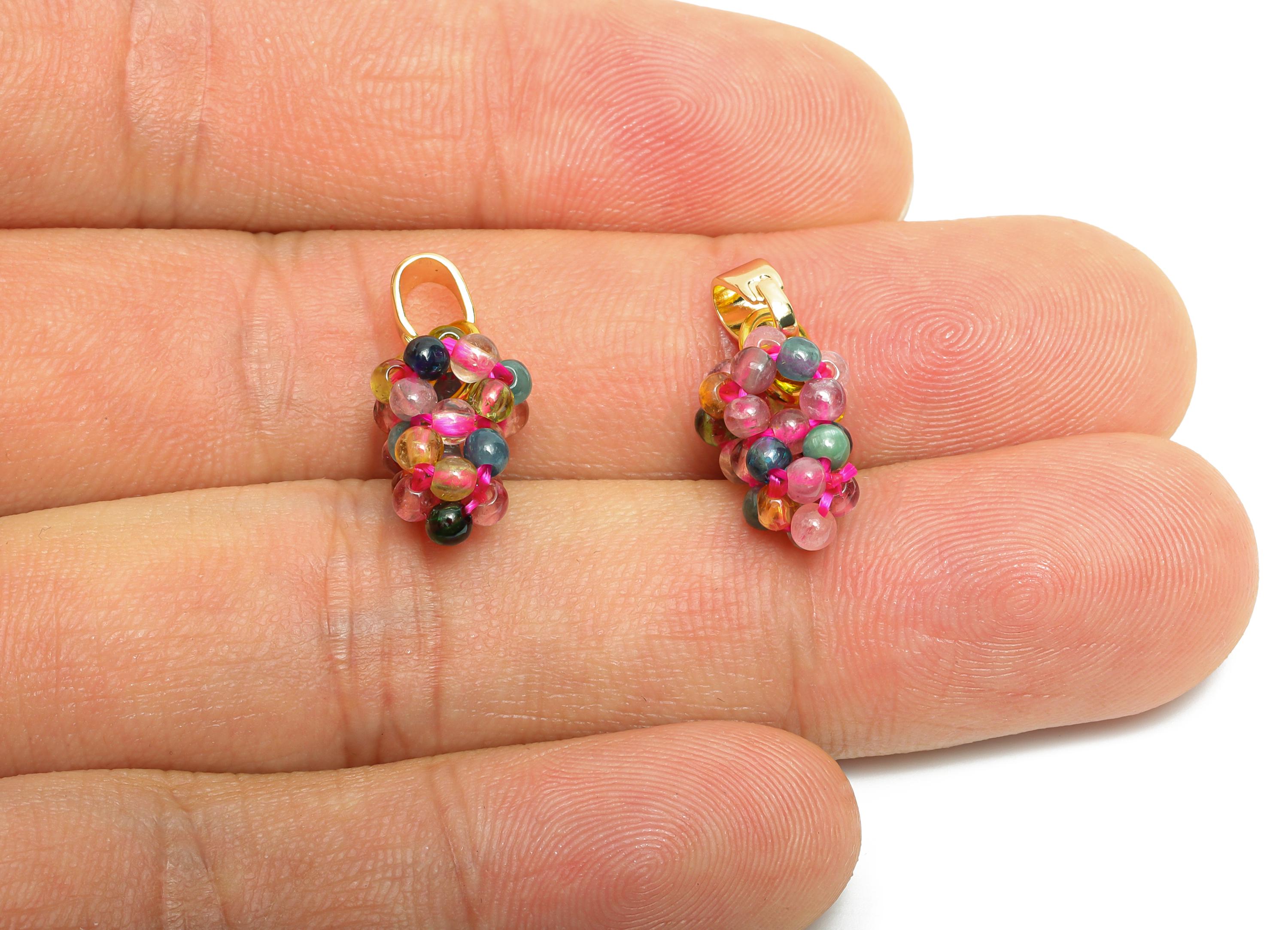 Brass Multicolor Grape Cluster Charm - Beaded Grape Pendant With Bail - Vibrant Tourmaline Bead - 18K Real Gold Plated - 23x8x9mm-RGP10738G - DOMEDBAZAAR