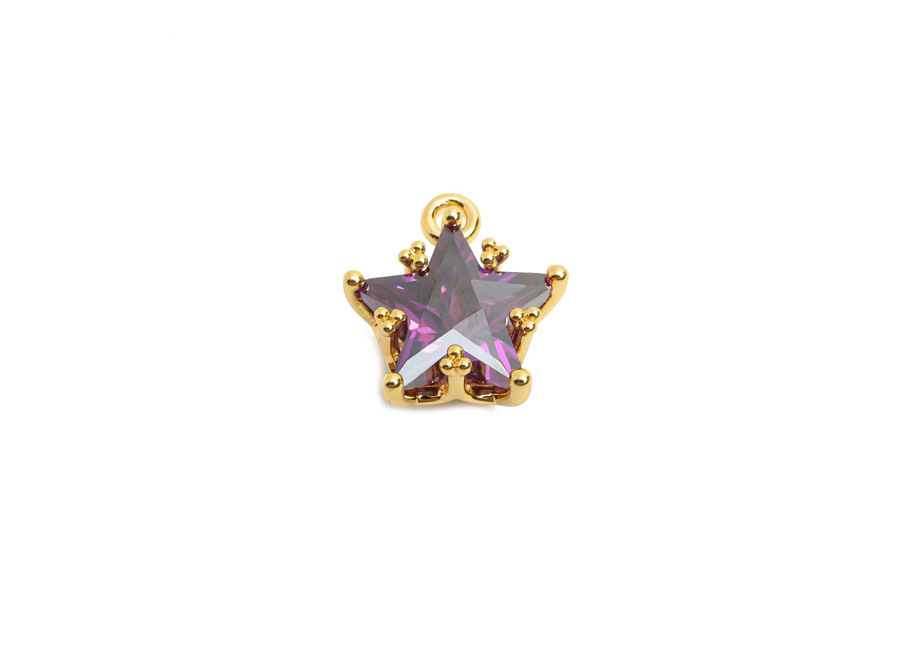 Brass Star Crystal Charms - Delicate Purple Celestial Star Charms - Jewelry Accessory - 18K Real Gold Plated - 11.5x10.9x7.55mm - RGP10484 - DOMEDBAZAAR