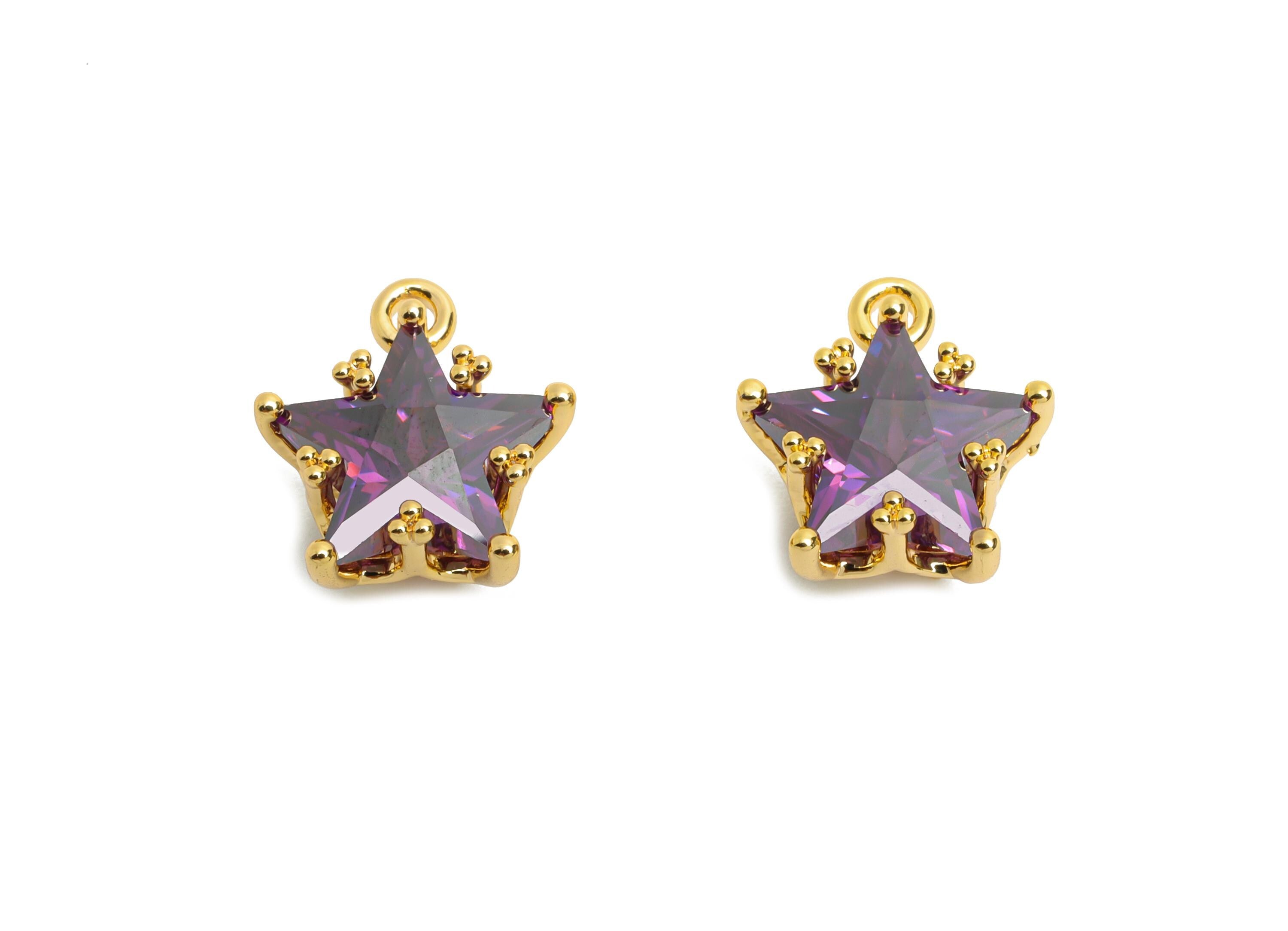 Brass Star Crystal Charms - Delicate Purple Celestial Star Charms - Jewelry Accessory - 18K Real Gold Plated - 11.5x10.9x7.55mm - RGP10484 - DOMEDBAZAAR