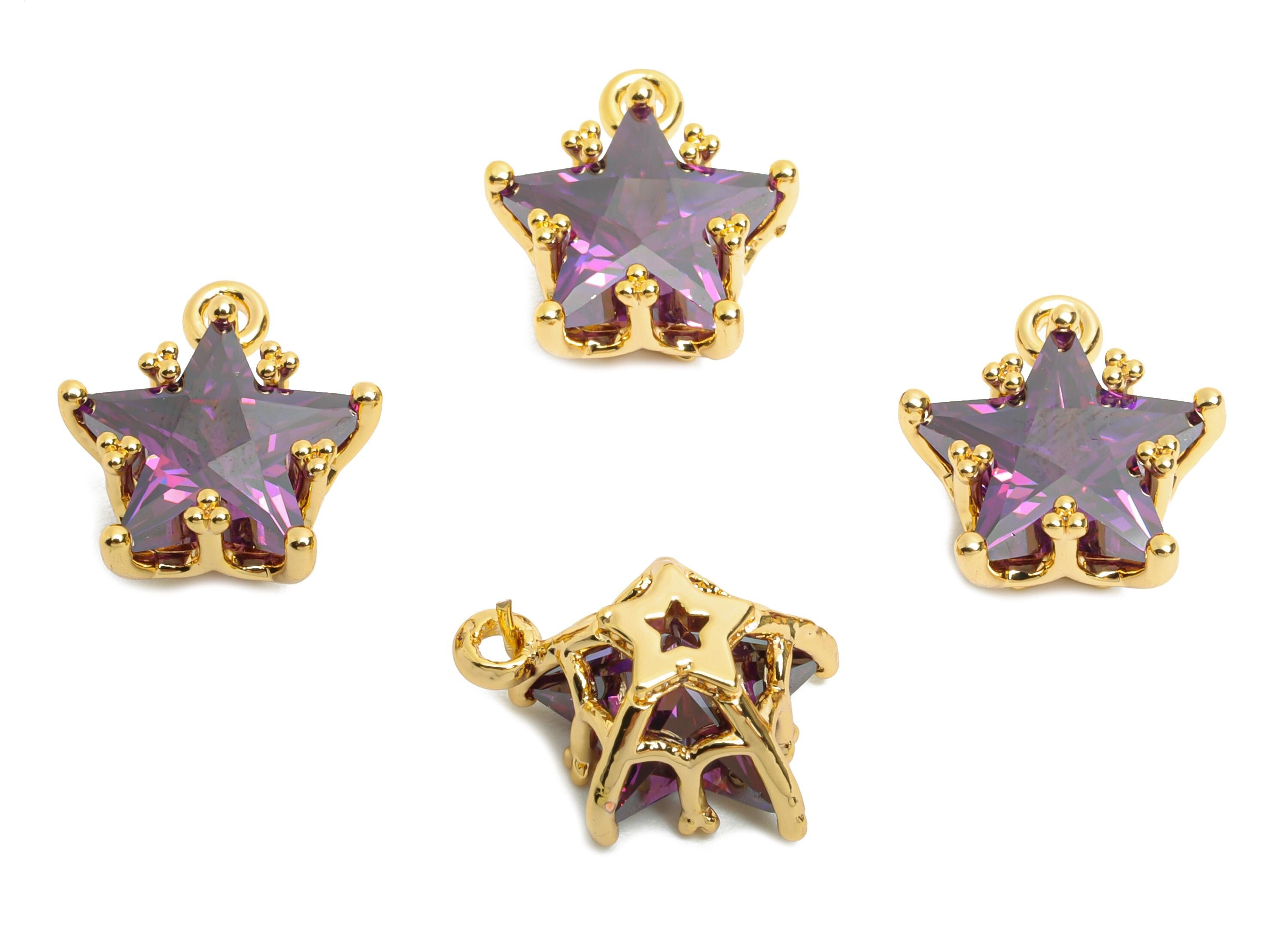 Brass Star Crystal Charms - Delicate Purple Celestial Star Charms - Jewelry Accessory - 18K Real Gold Plated - 11.5x10.9x7.55mm - RGP10484 - DOMEDBAZAAR