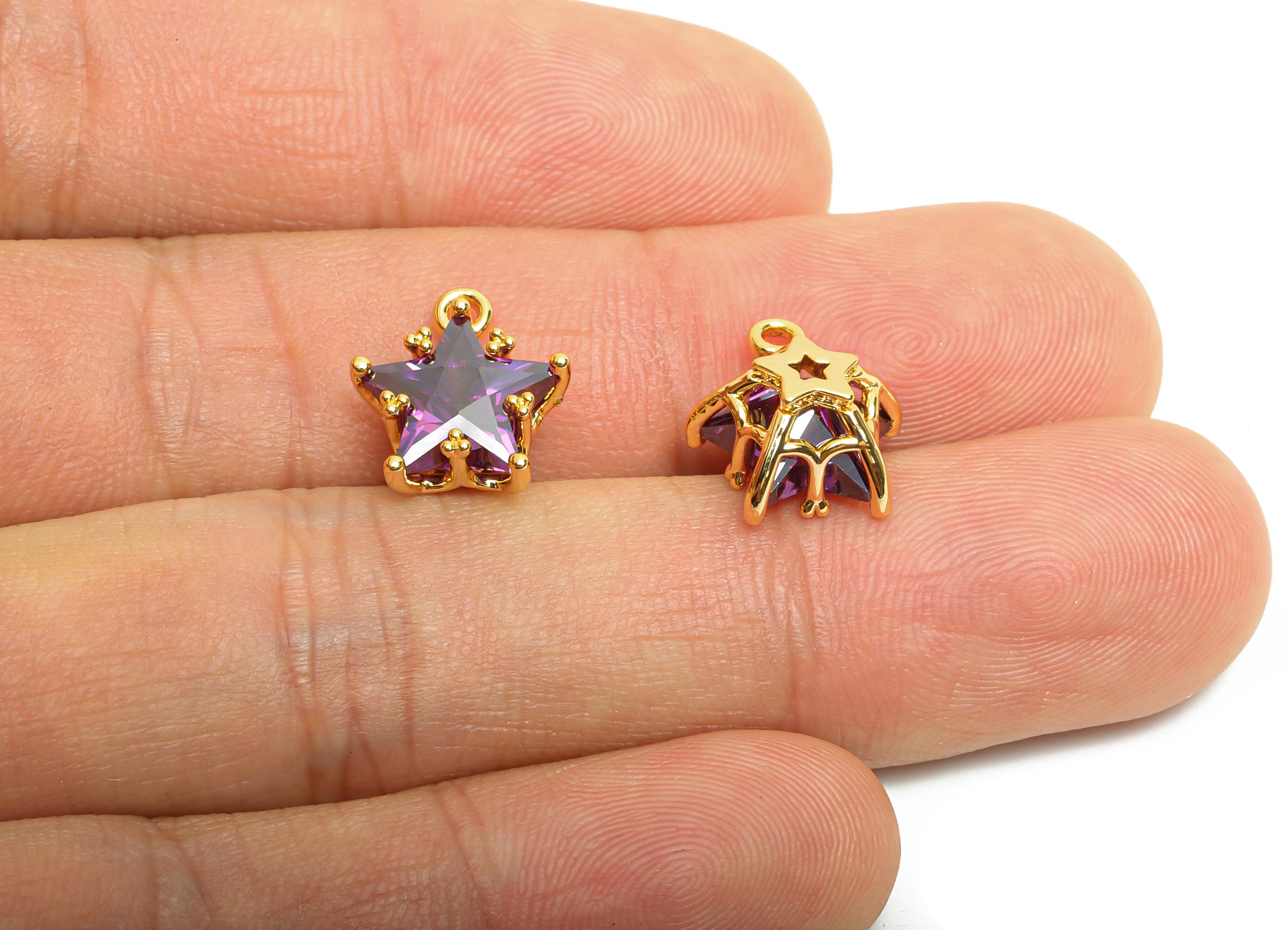 Brass Star Crystal Charms - Delicate Purple Celestial Star Charms - Jewelry Accessory - 18K Real Gold Plated - 11.5x10.9x7.55mm - RGP10484 - DOMEDBAZAAR