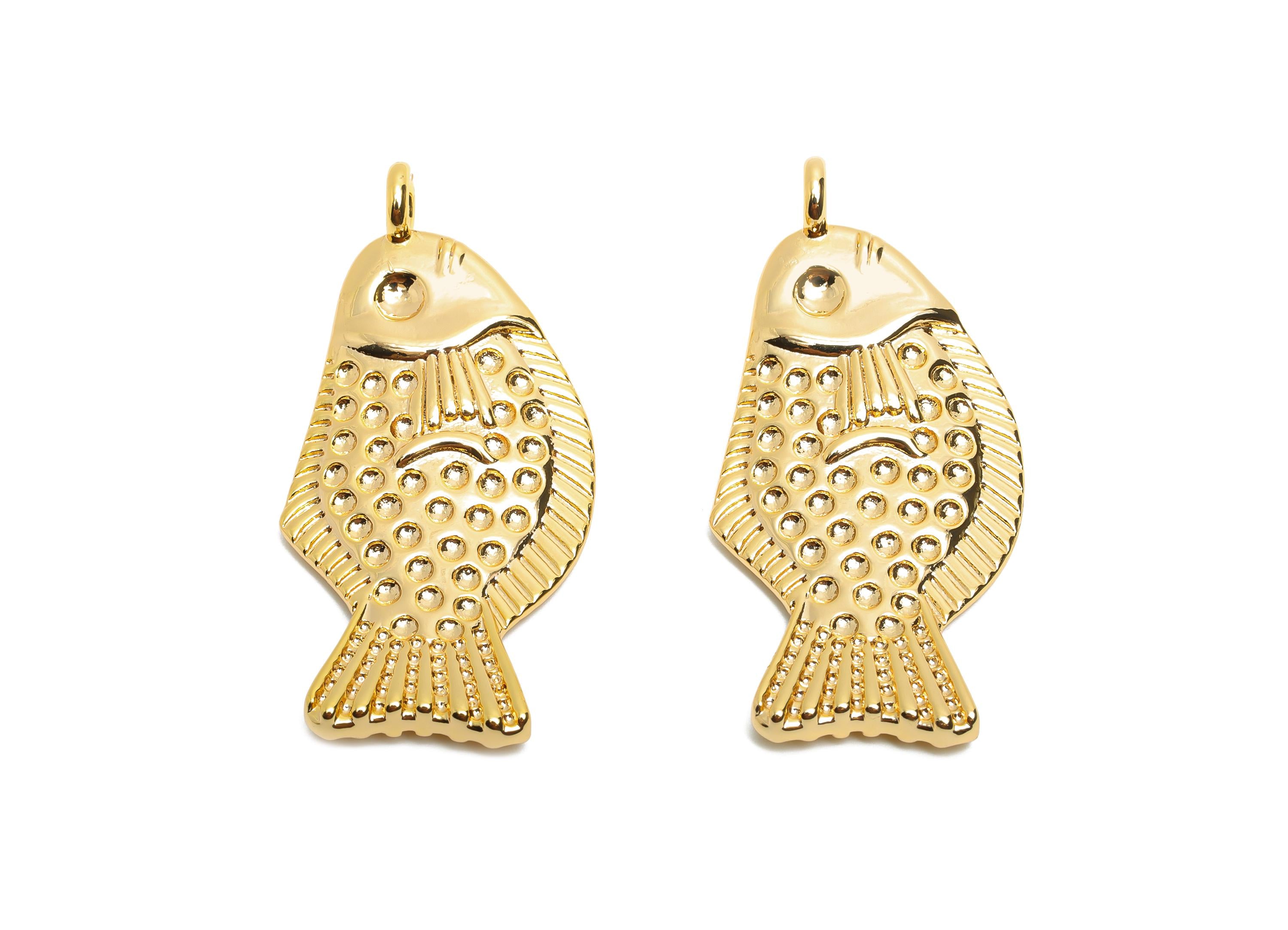 Gold Brass Fish Pendant - Textured Marine Fish Necklace Pendant - Jewelry Accessory - 18K Real Gold Plated - 45.63x22.85x6.43mm - RGP10472 - DOMEDBAZAAR