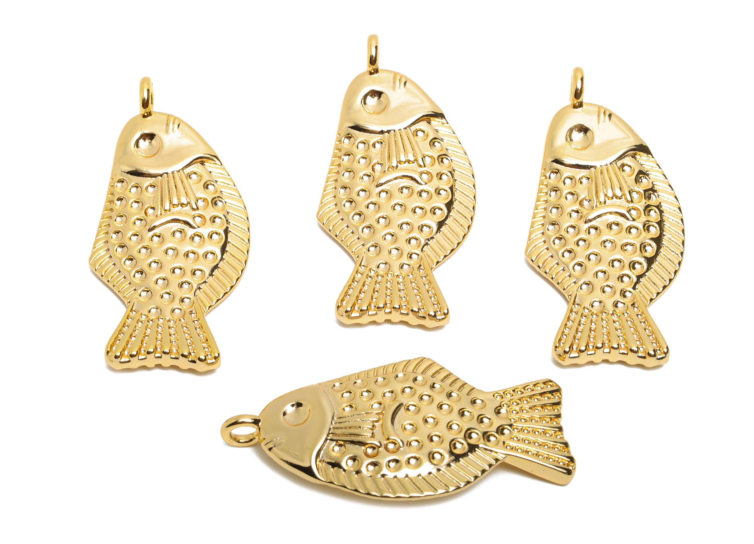 Gold Brass Fish Pendant - Textured Marine Fish Necklace Pendant - Jewelry Accessory - 18K Real Gold Plated - 45.63x22.85x6.43mm - RGP10472 - DOMEDBAZAAR