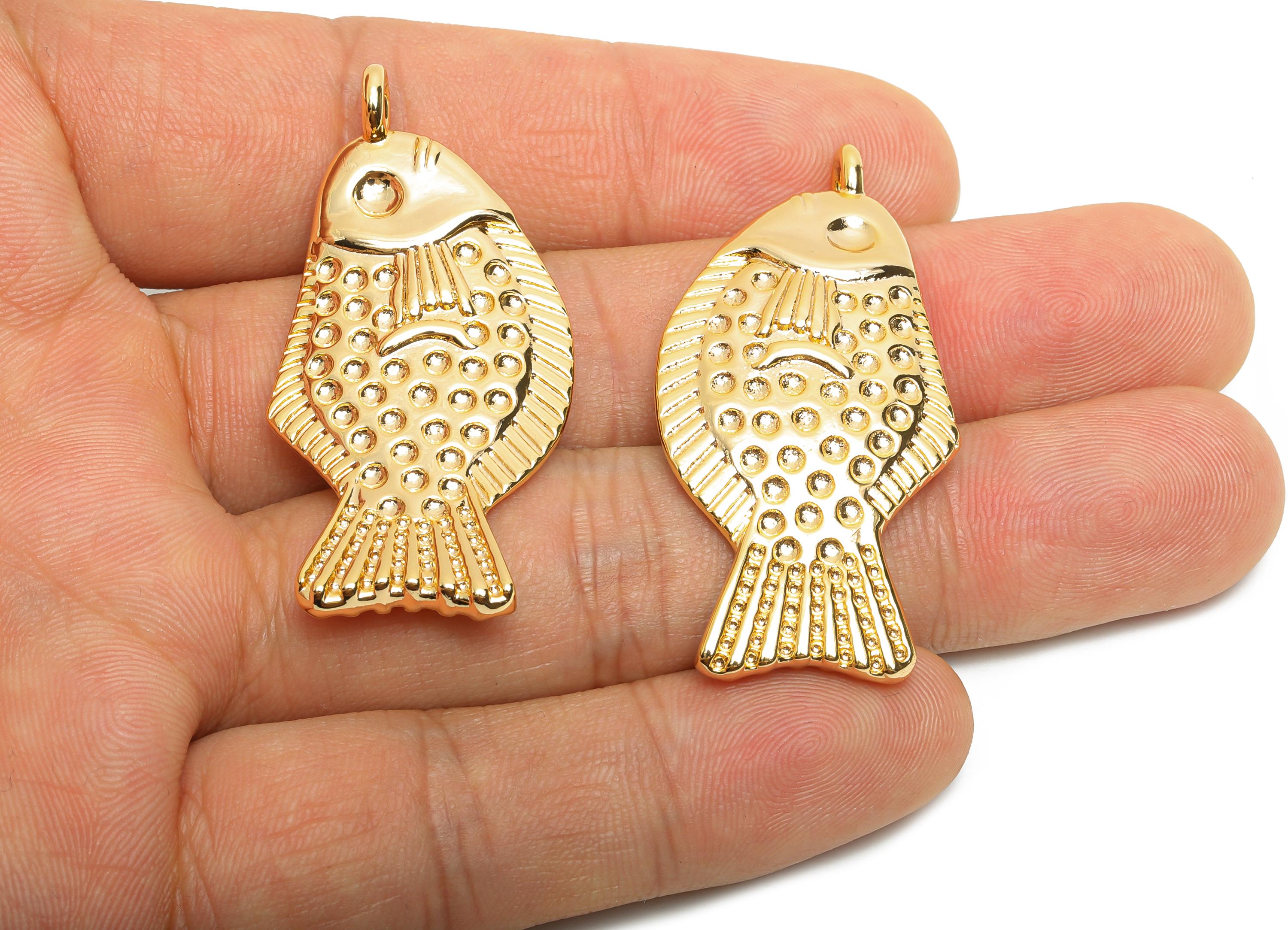 Gold Brass Fish Pendant - Textured Marine Fish Necklace Pendant - Jewelry Accessory - 18K Real Gold Plated - 45.63x22.85x6.43mm - RGP10472 - DOMEDBAZAAR