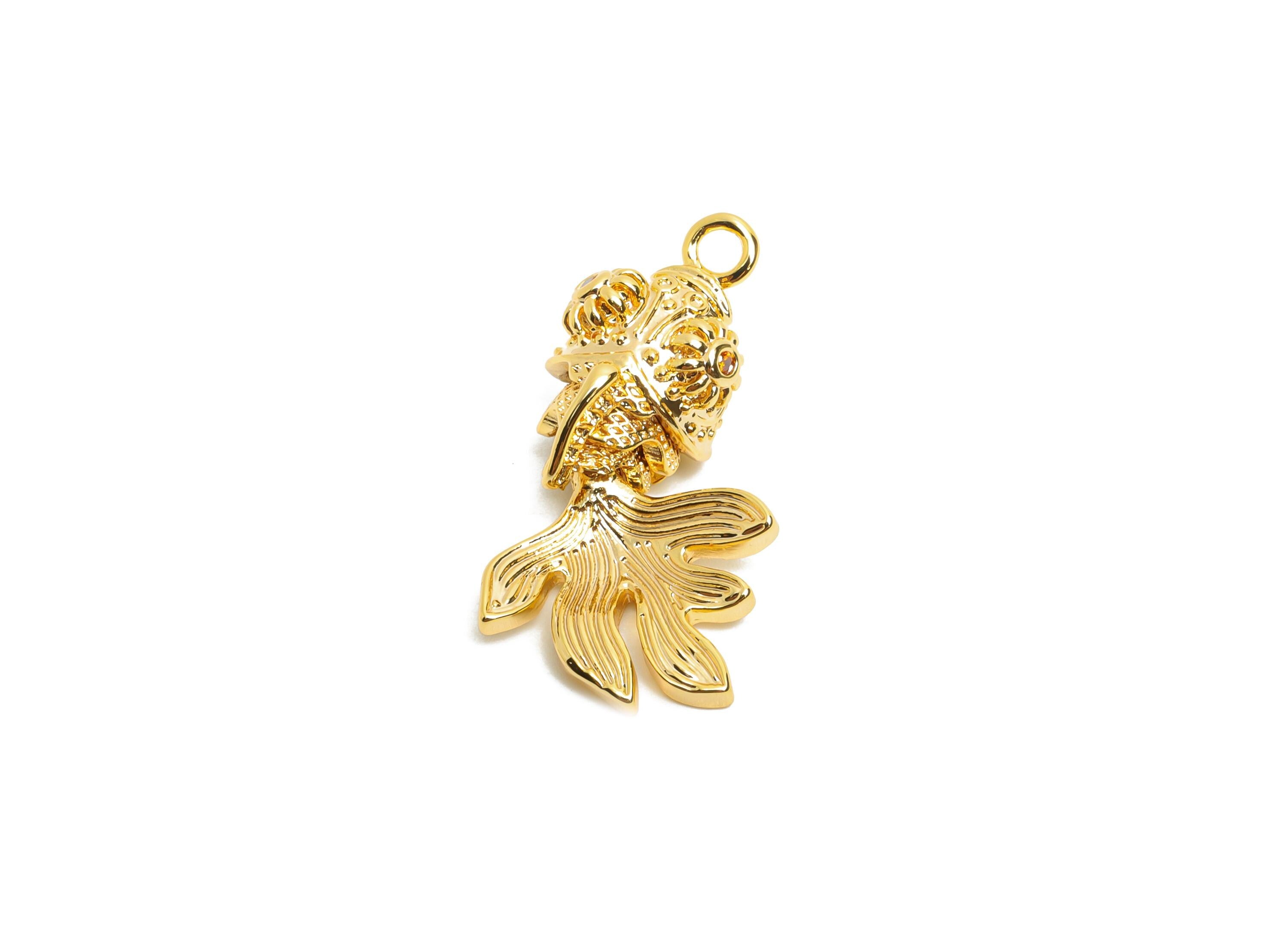 Movable 3D Goldfish Charm - Brass Textured Articulated Marine Pendant - Handmade Fish Jewelry - 18K Gold Plated - 25.52x13.9x8mm - RGP10509 - DOMEDBAZAAR