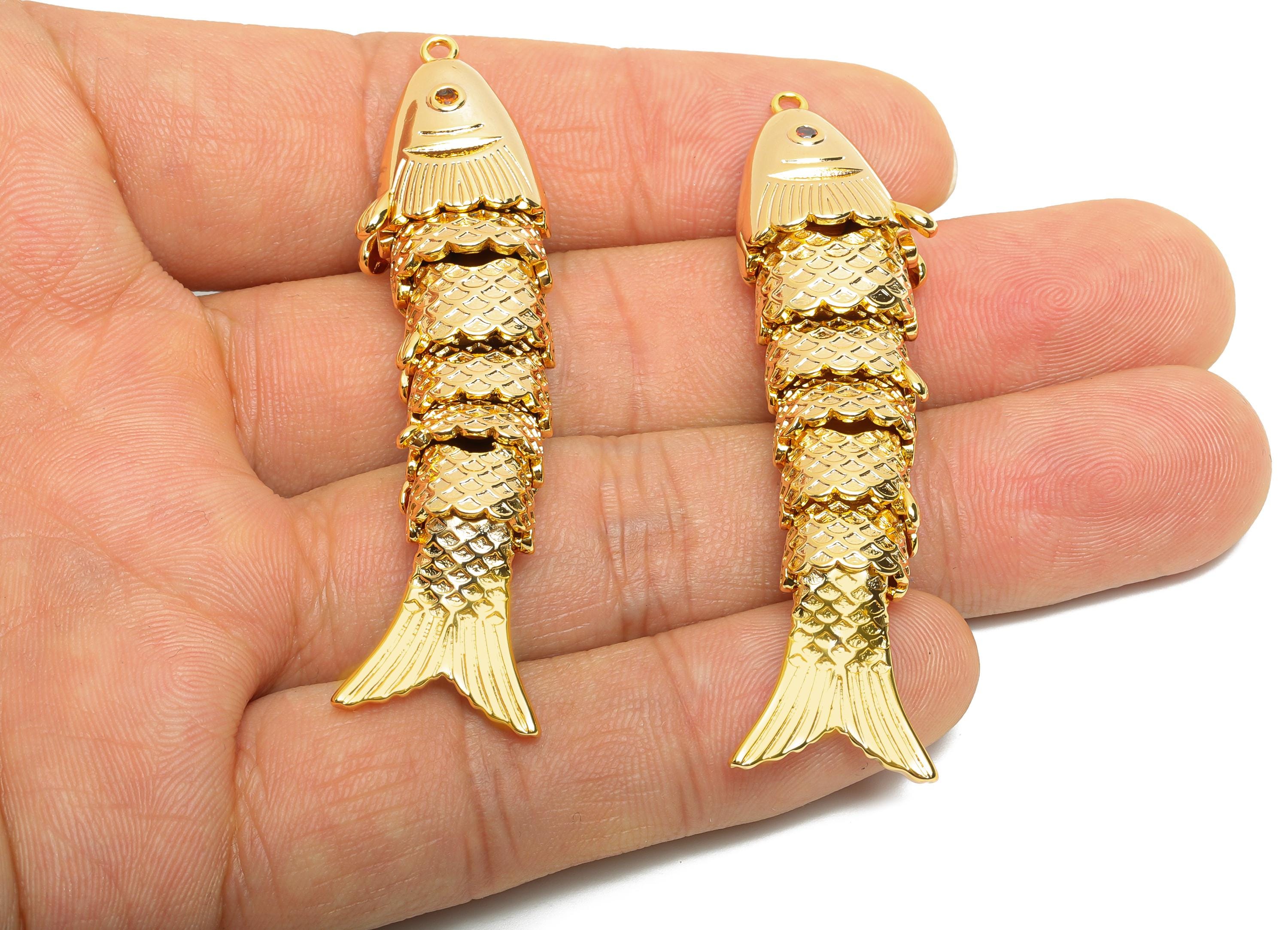 Brass Cloisonne Fish Charm - Unique Movable Fish Pendant - CZ Handmade Articulated Fish - 18K Real Gold Plated - 60.65x15.38x9.7mm -RGP10513 - DOMEDBAZAAR