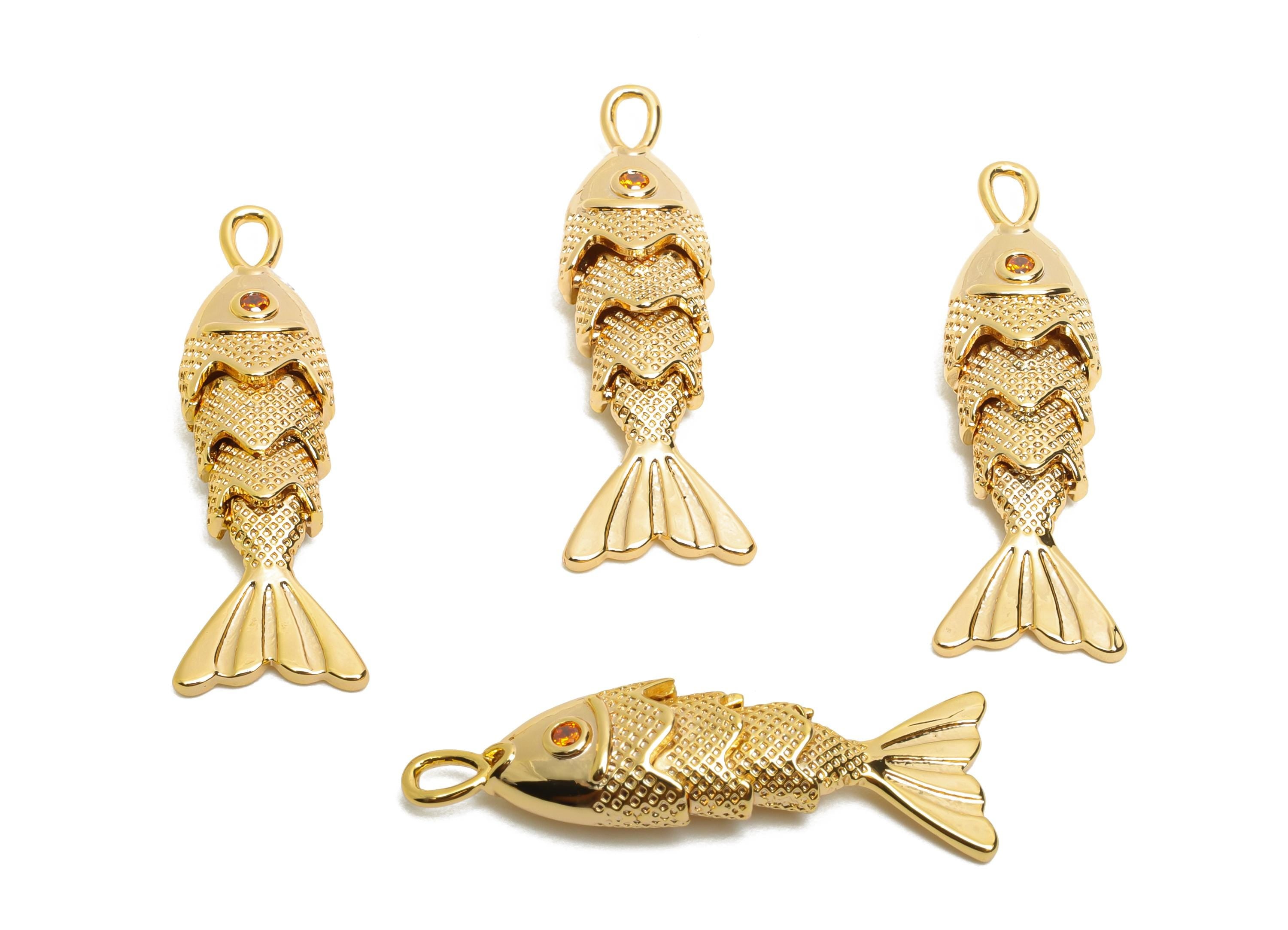 Dainty Gold Cloisonne Fish Charm - Brass Movable Fish Pendant - CZ Handmade Articulated Fish - 18K Real Gold Plating - 26.7x9x5mm - RGP10519 - DOMEDBAZAAR