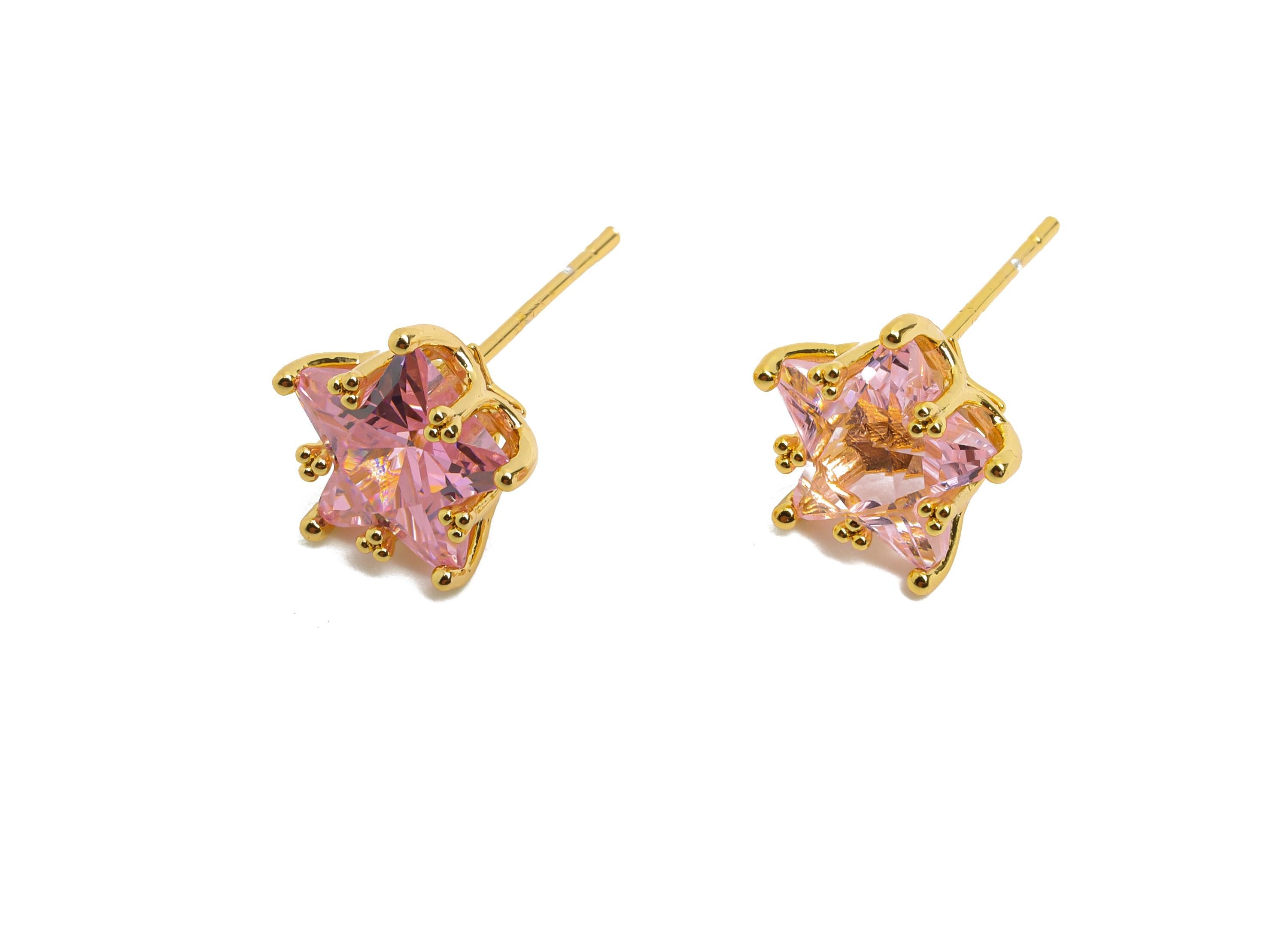 Brass Star Crystal Stud - Dainty Pink Crystal Earring Post - Gold Five-Pointed Star Stud - 18K Real Gold Plated - 11.5x10.9x7.6mm - RGP10480 - DOMEDBAZAAR