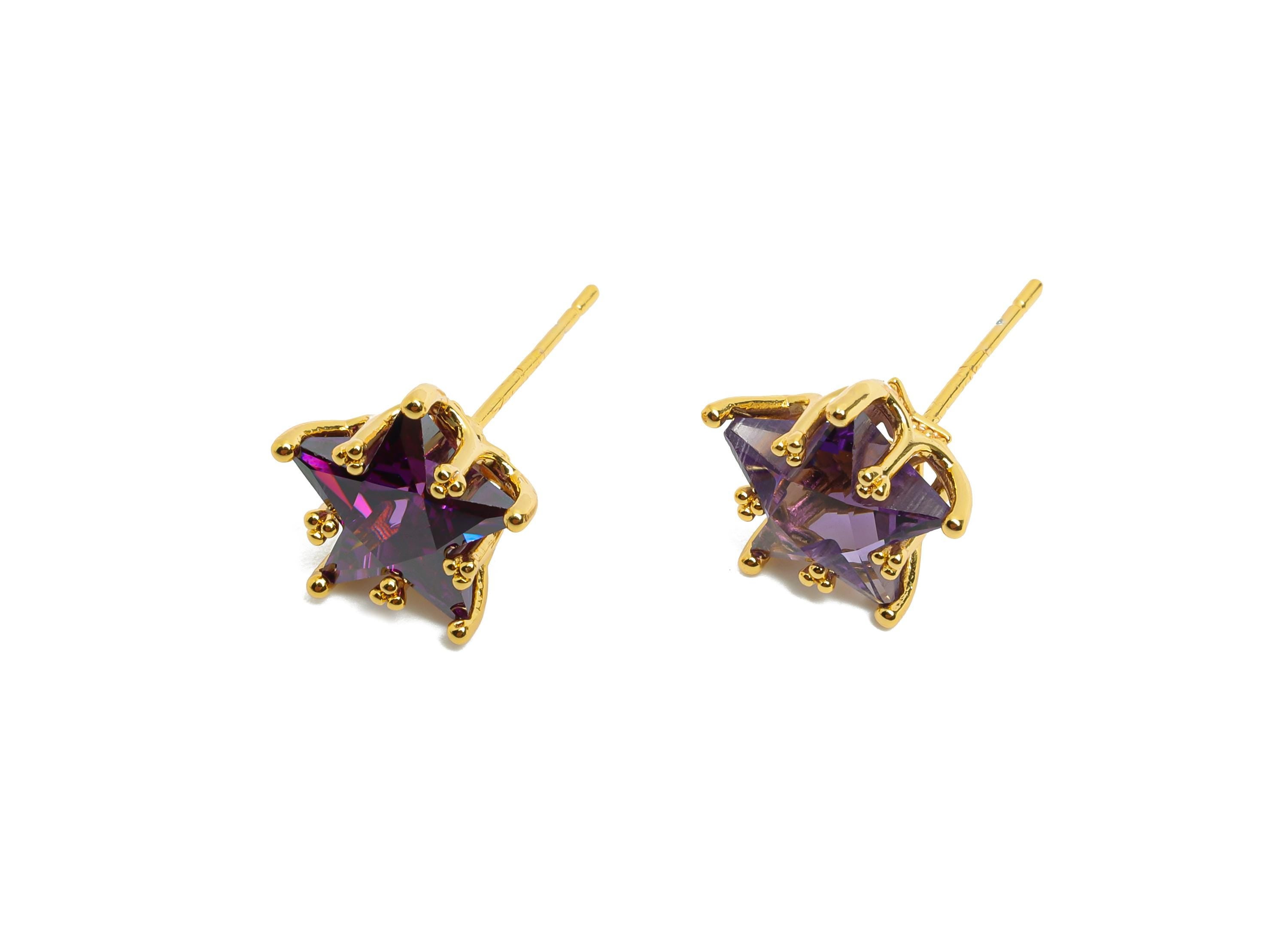 Brass Star Crystal Stud - Dainty Purple Crystal Earring Post - Gold Five-Pointed Star Stud - 18K Real Gold Plated - 11x10.9x7.6mm - RGP10481 - DOMEDBAZAAR