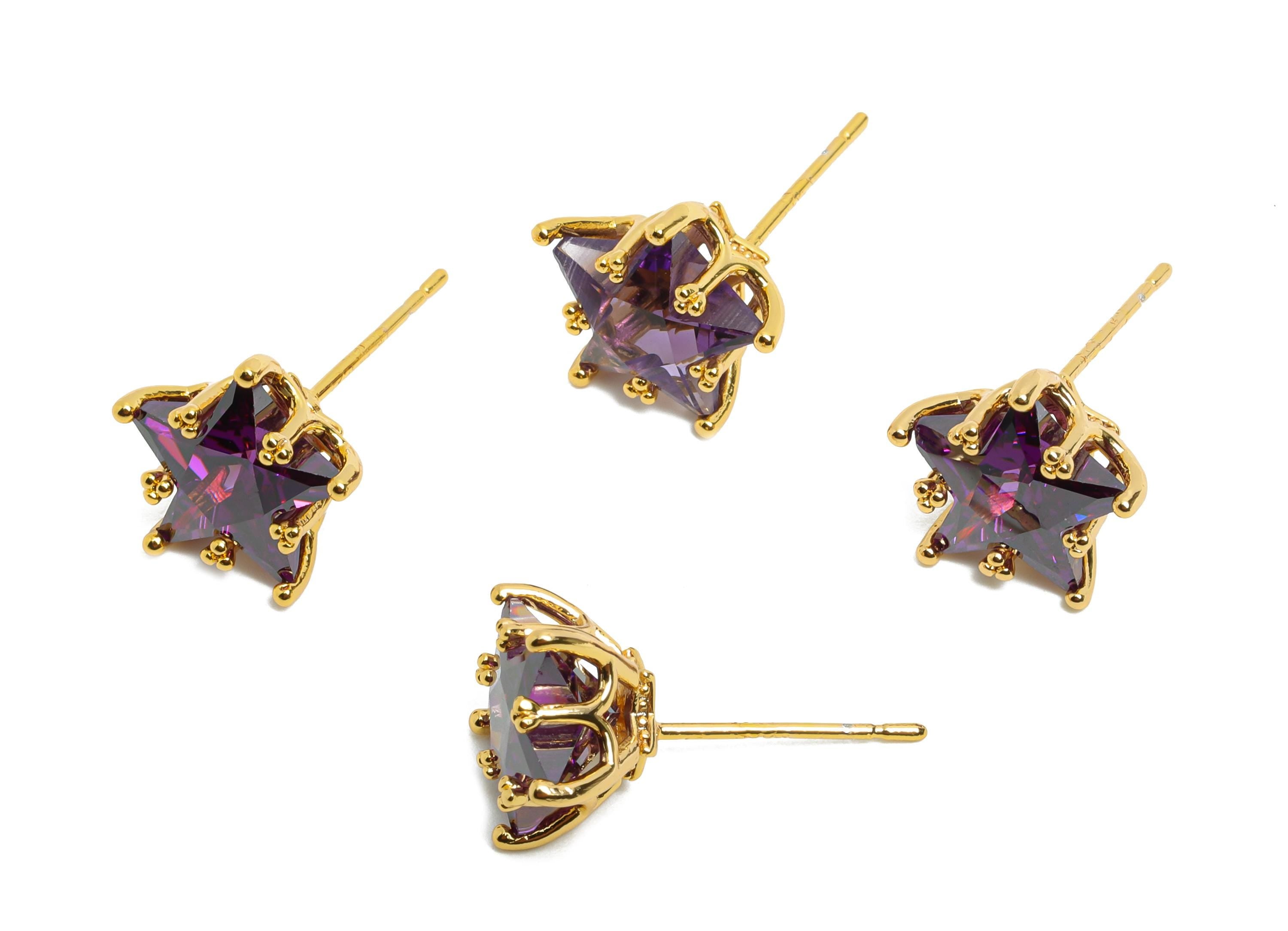 Brass Star Crystal Stud - Dainty Purple Crystal Earring Post - Gold Five-Pointed Star Stud - 18K Real Gold Plated - 11x10.9x7.6mm - RGP10481 - DOMEDBAZAAR