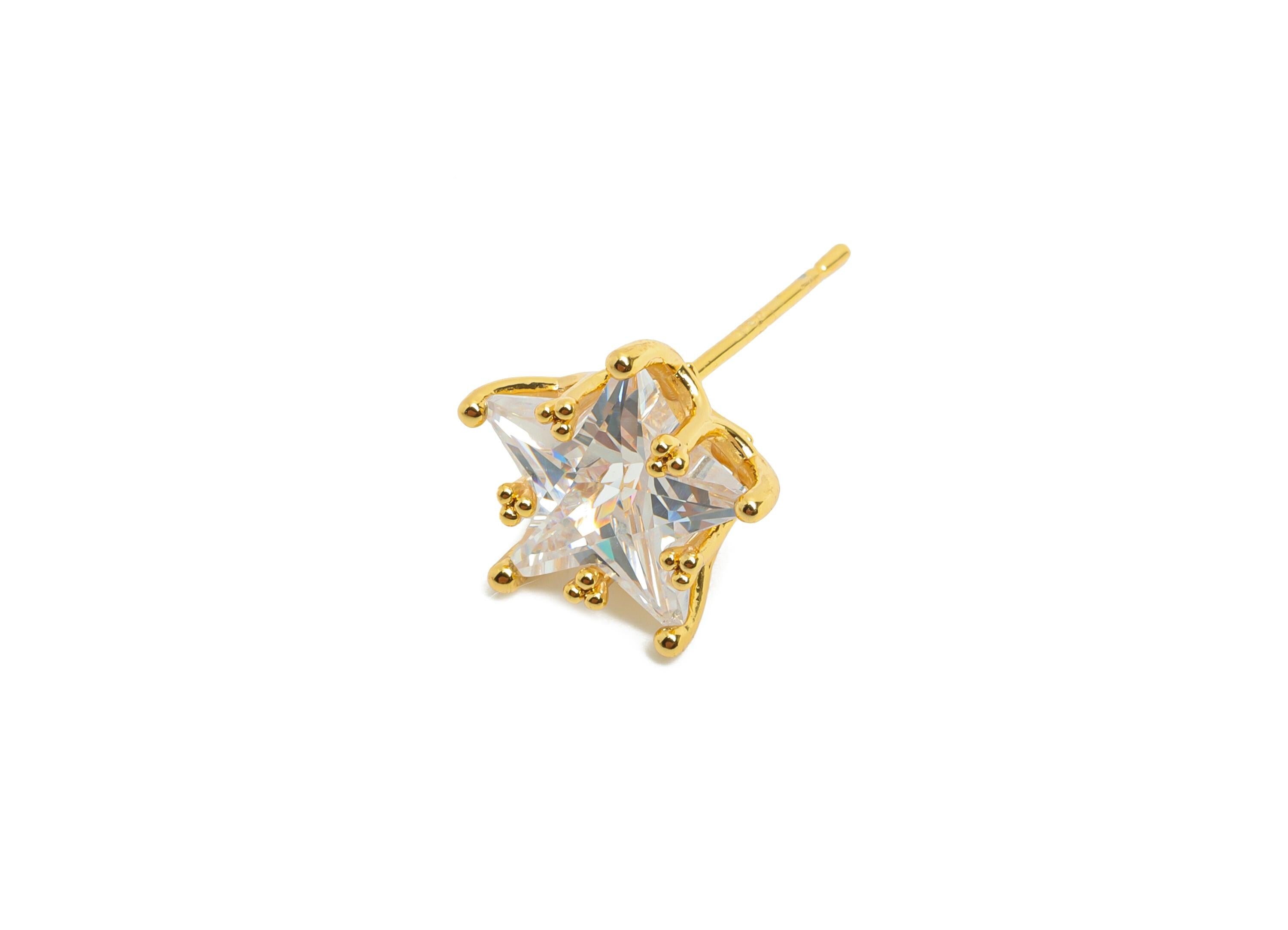 Brass Star Crystal Studs - Dainty Crystal Earring Post - Gold Five-Pointed Star Studs - 18K Real Gold Plated - 11.5x10.9x7.6mm - RGP10482 - DOMEDBAZAAR