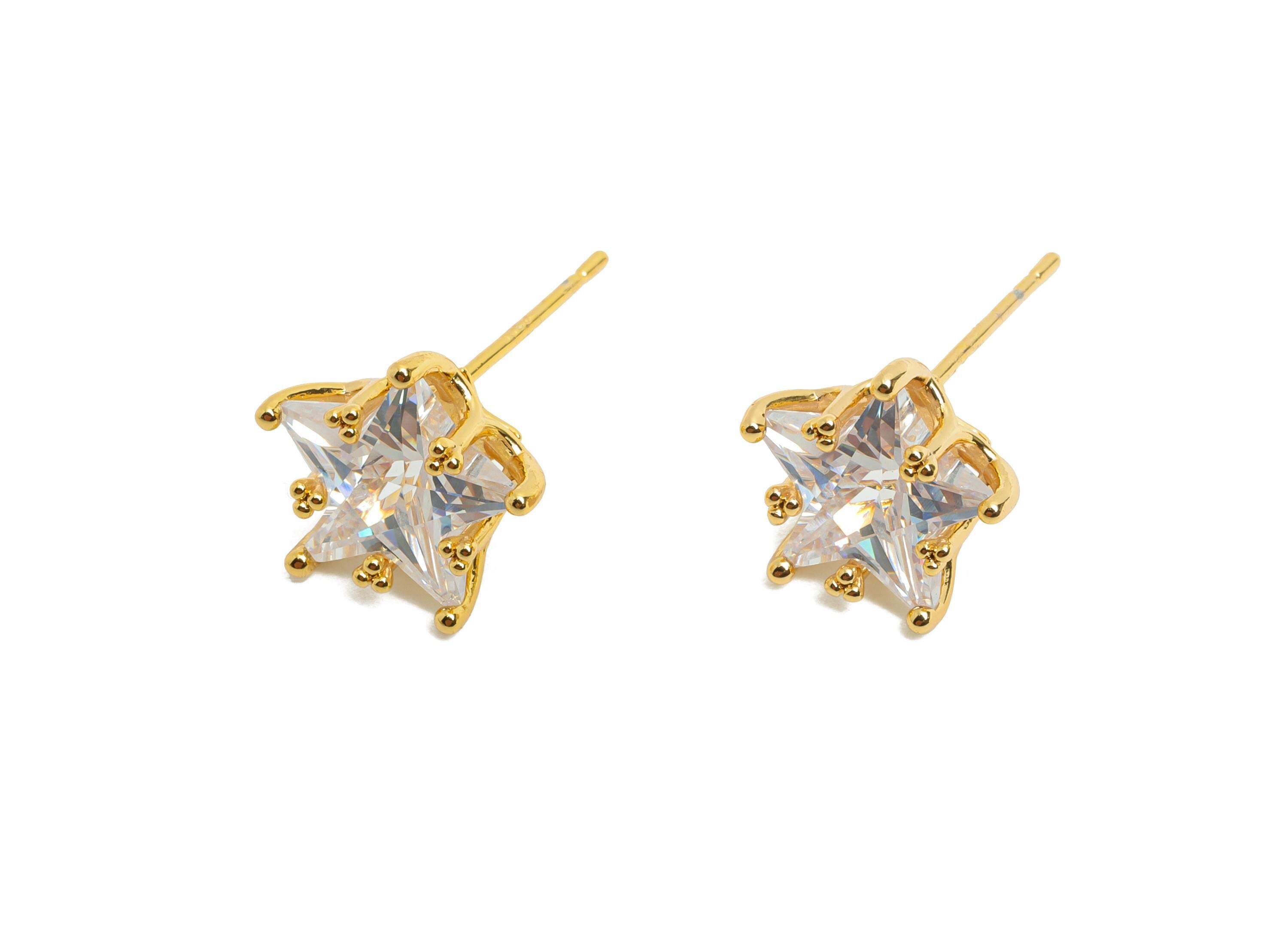Brass Star Crystal Studs - Dainty Crystal Earring Post - Gold Five-Pointed Star Studs - 18K Real Gold Plated - 11.5x10.9x7.6mm - RGP10482 - DOMEDBAZAAR