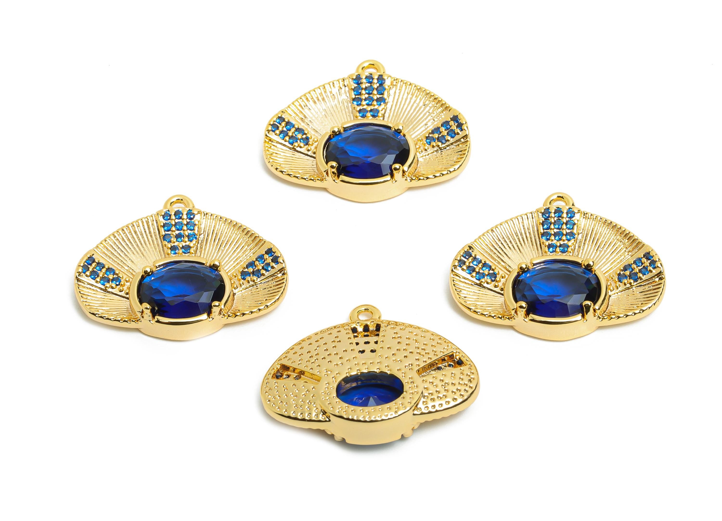 Blue Crystal Fan Pendant - Brass Royal Blue Crystal Charm - Navy Crystal Gold Pendant - 18K Real Gold Plated - 22x17.78x4.92mm- RGP10466 - DOMEDBAZAAR