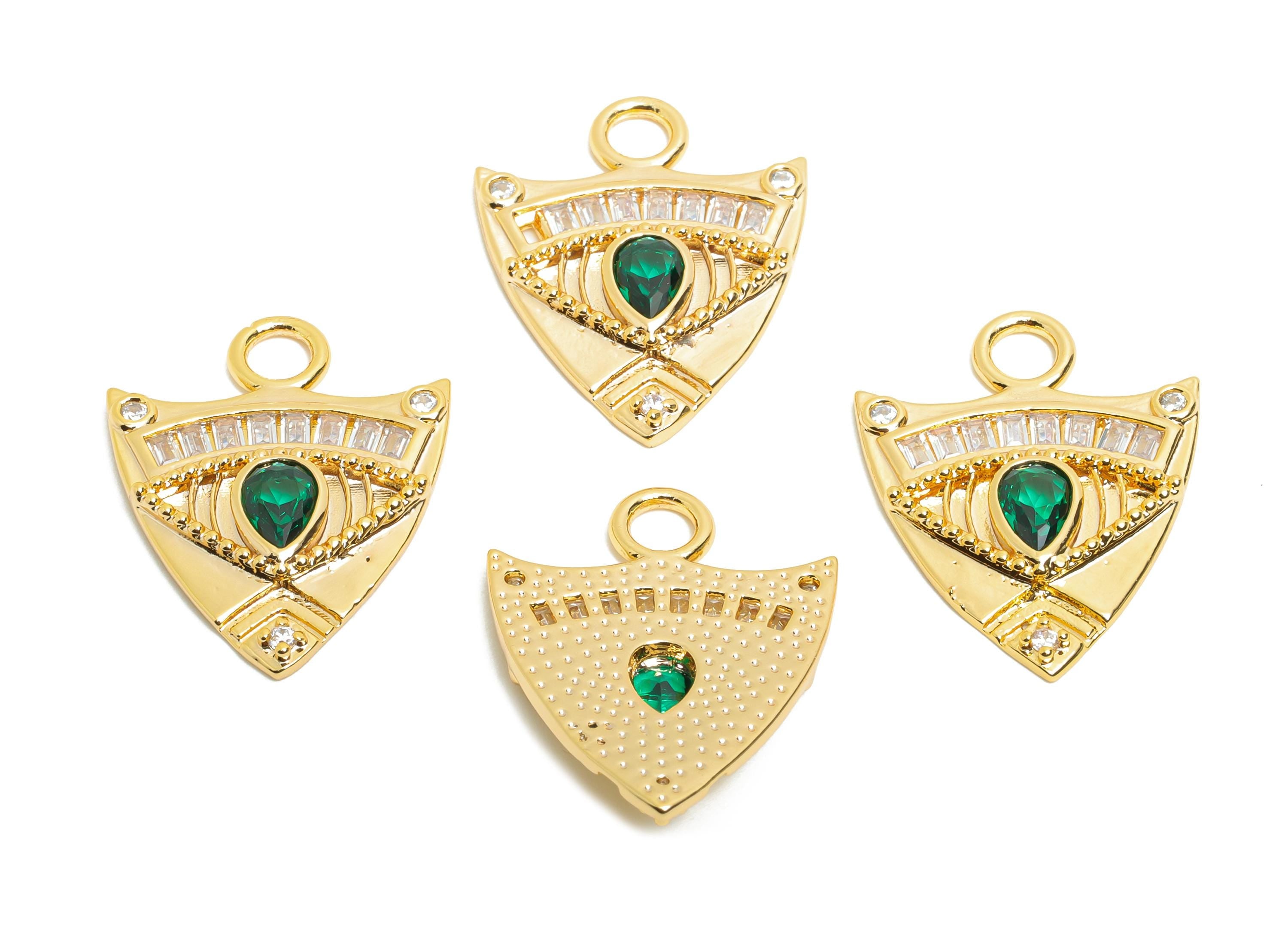 Gold Evil Eye Crystal Charms - Hammered Brass Geometric Charms - Mystical Gold Jewelry - 18K Real Gold Plated - 28.57x18x2.82mm - RGP10479 - DOMEDBAZAAR