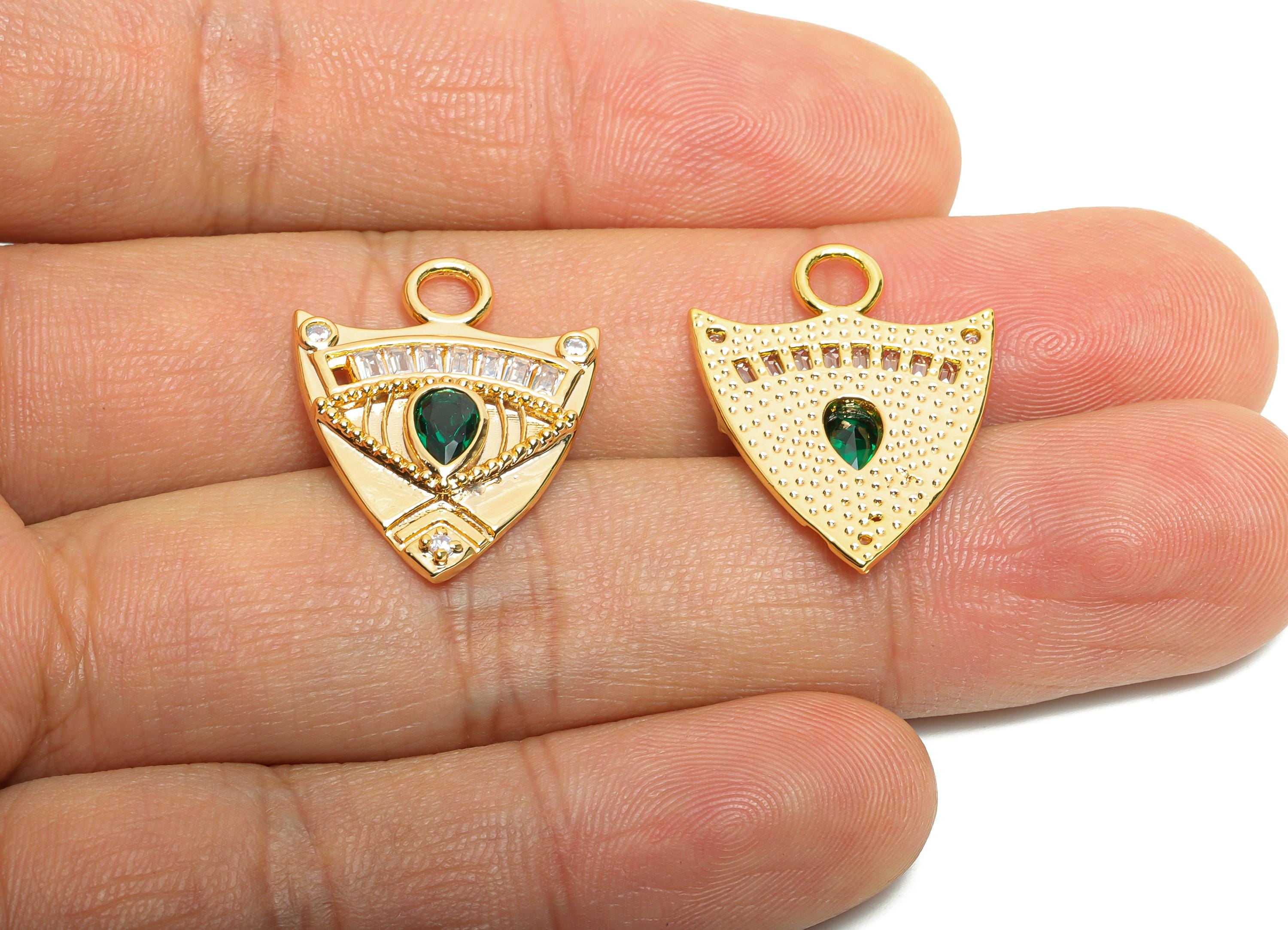 Gold Evil Eye Crystal Charms - Hammered Brass Geometric Charms - Mystical Gold Jewelry - 18K Real Gold Plated - 28.57x18x2.82mm - RGP10479 - DOMEDBAZAAR