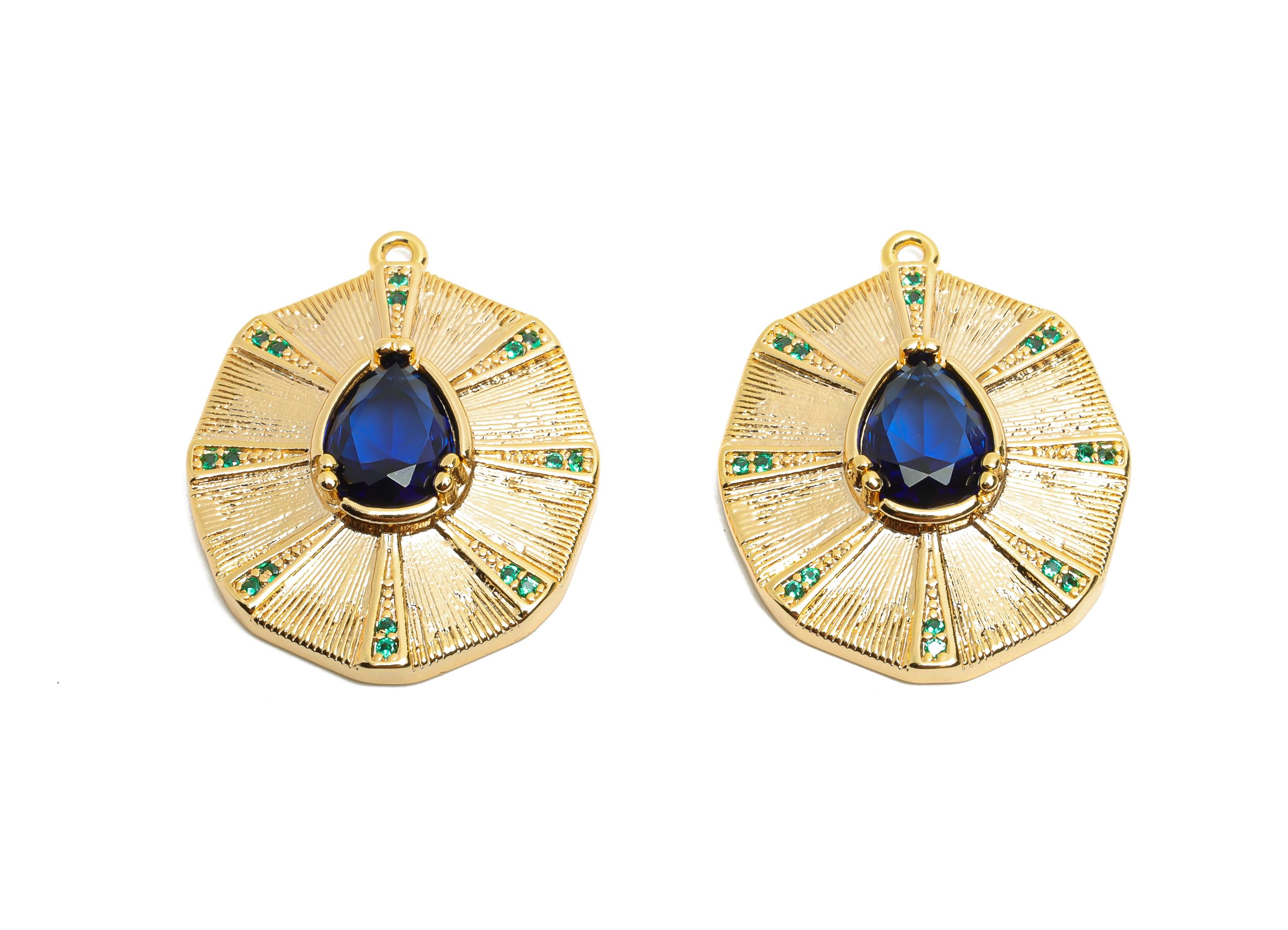 Brass Geometric Crystal Charms - Vintage Sunburst Pendant - Textured Artistic Jewelry - 18K Real Gold Plated - 28.7x22.73x5.2mm - RGP10508 - DOMEDBAZAAR