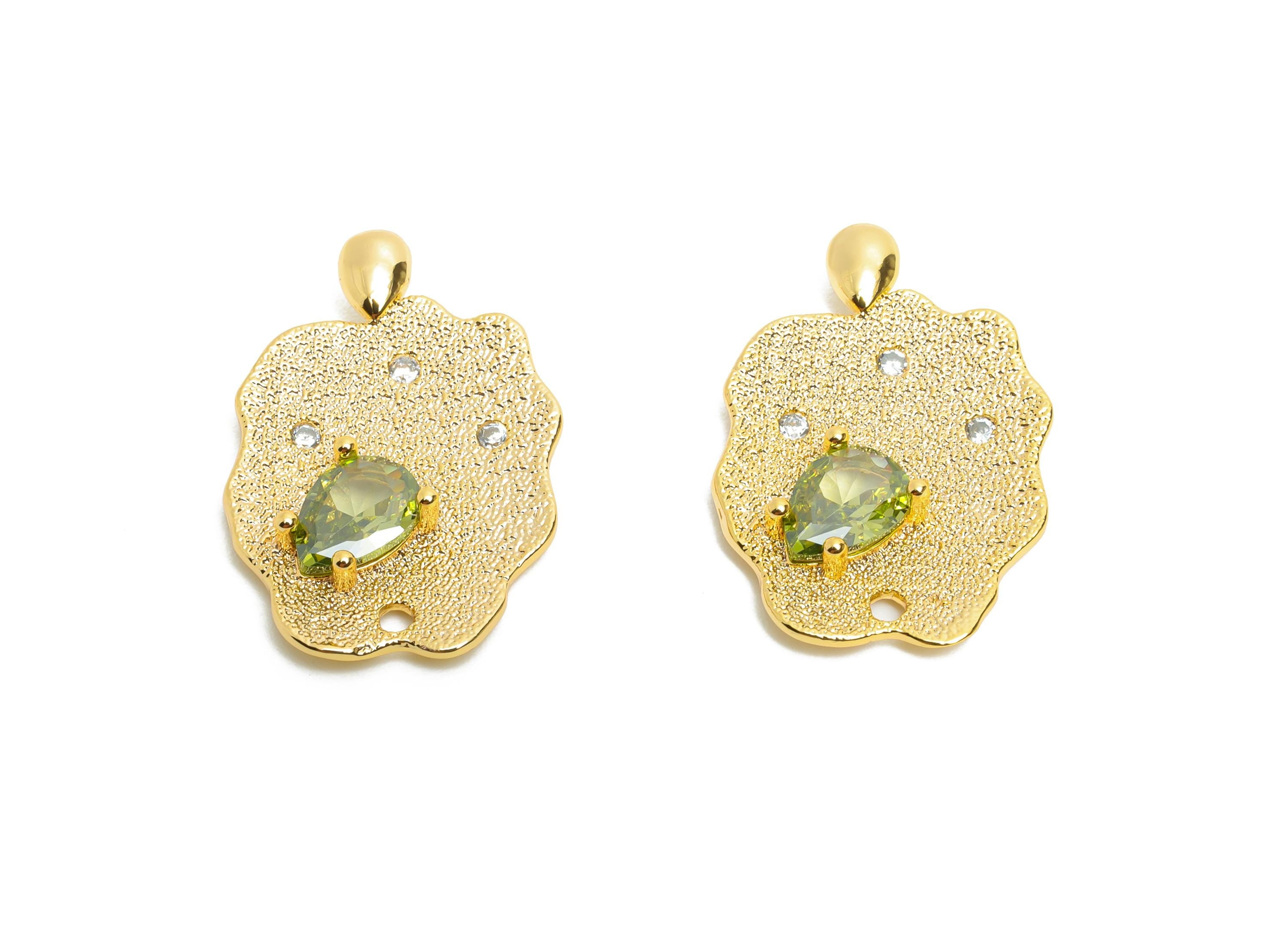 Green Teardrop Pendant - Brass Sparking Crystal Charm - Modern  Irregular Gold Pendant - 18K Real Gold Plated - 22.8x15.2x3.2mm - RGP10492 - DOMEDBAZAAR