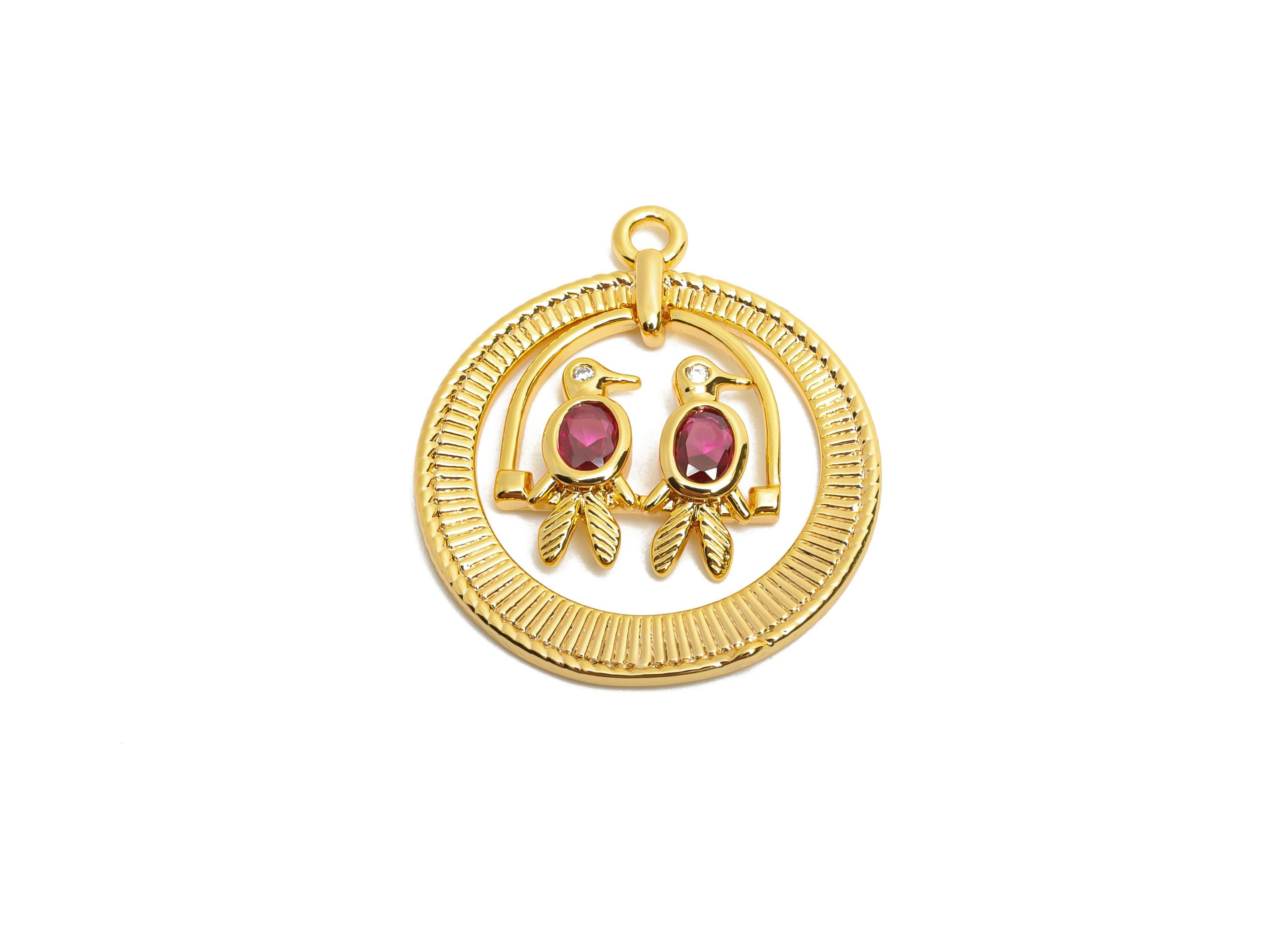 Brass Lovebird Crystal Charms - Romantic Lovebird Pendant - Textured Artistic Animal Jewelry - 18K Real Gold Plated - 25x21.4x2mm - RGP10504 - DOMEDBAZAAR