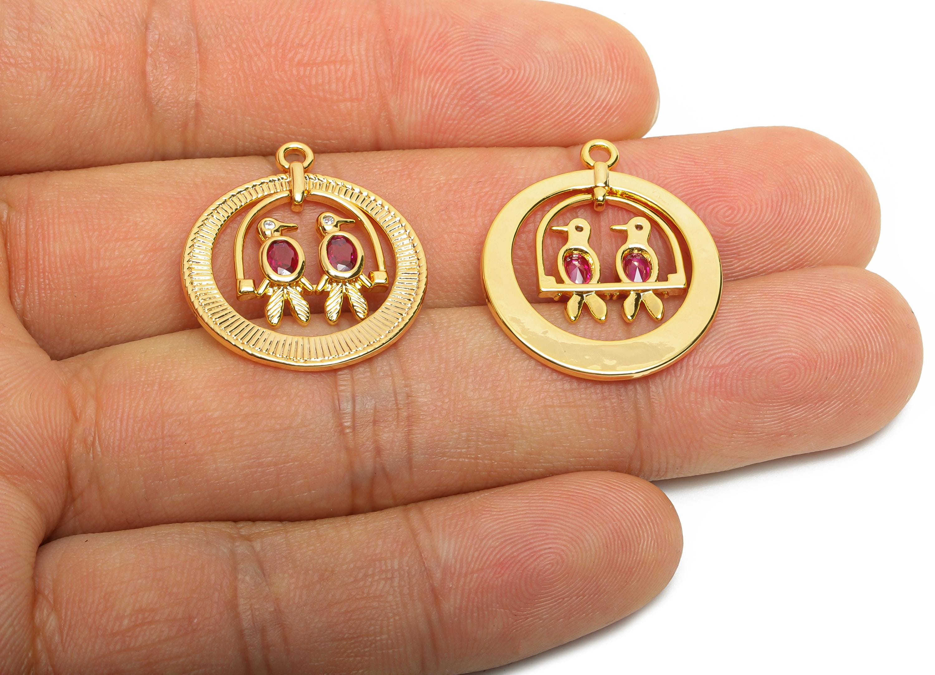 Brass Lovebird Crystal Charms - Romantic Lovebird Pendant - Textured Artistic Animal Jewelry - 18K Real Gold Plated - 25x21.4x2mm - RGP10504 - DOMEDBAZAAR