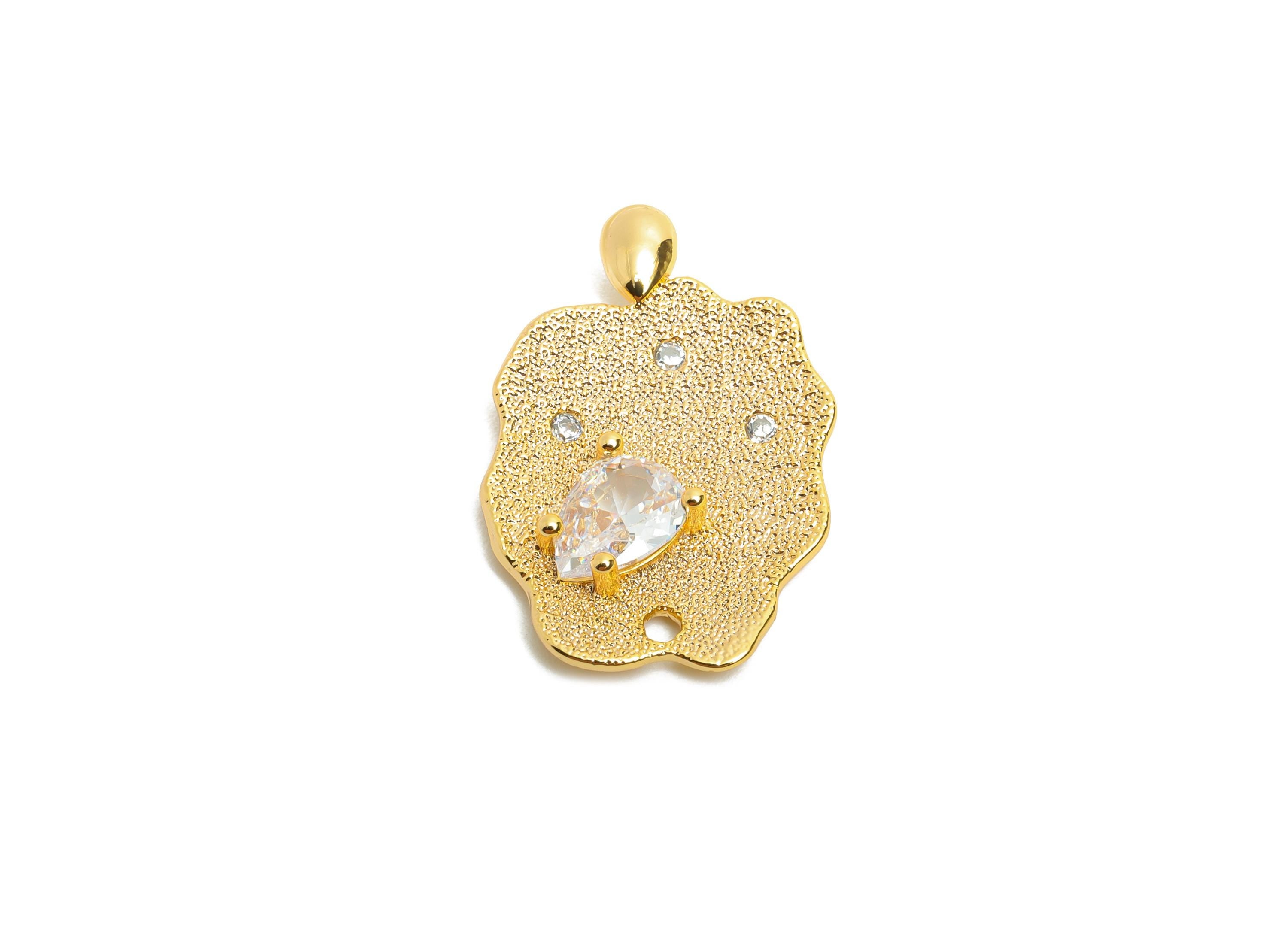Dainty Teardrop Pendant - Brass Sparking Crystal Charm - Modern Irregular Gold Pendant - 18K Real Gold Plated - 22.8x15.2x3.2mm - RGP10493 - DOMEDBAZAAR