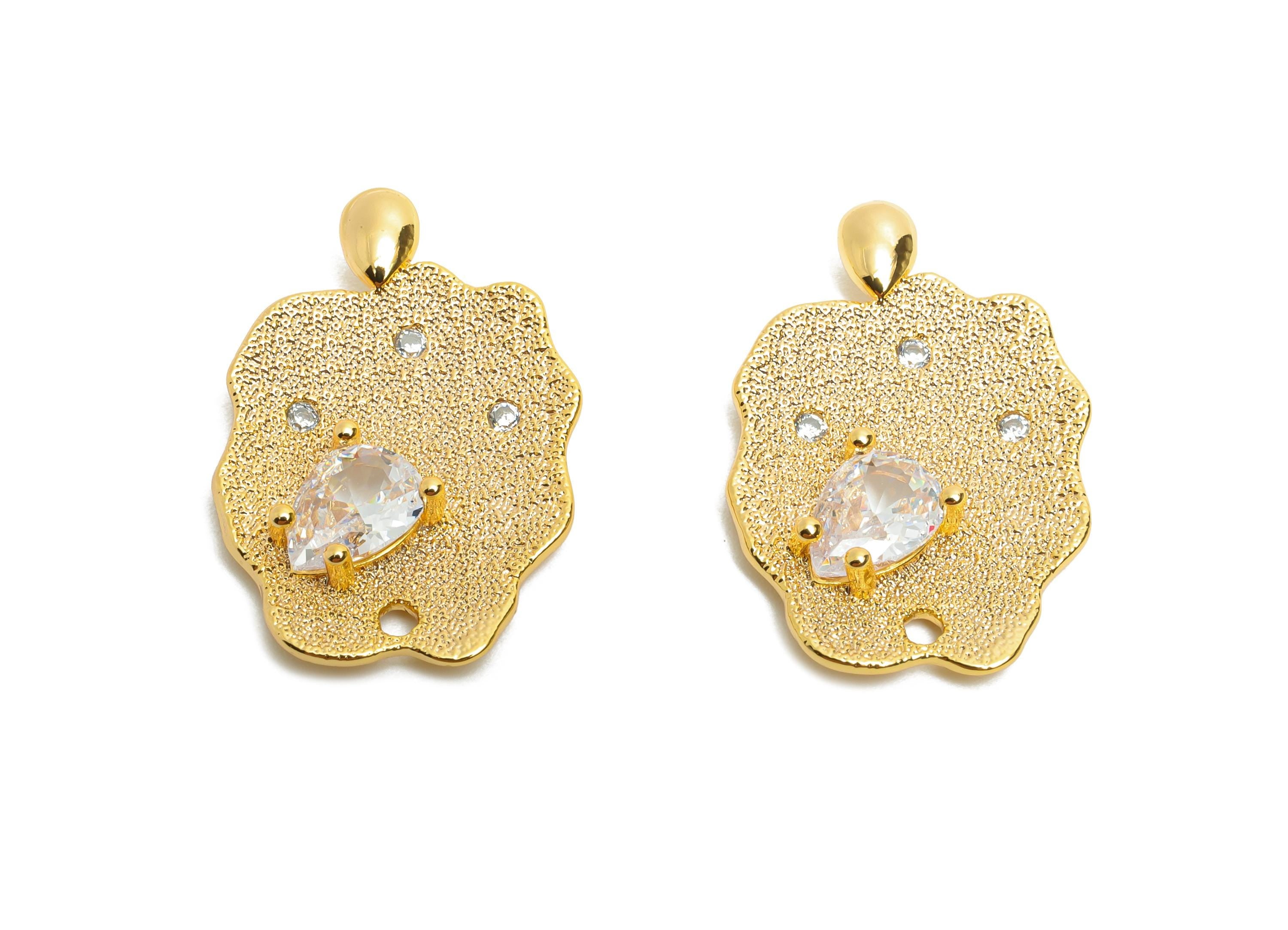 Dainty Teardrop Pendant - Brass Sparking Crystal Charm - Modern Irregular Gold Pendant - 18K Real Gold Plated - 22.8x15.2x3.2mm - RGP10493 - DOMEDBAZAAR
