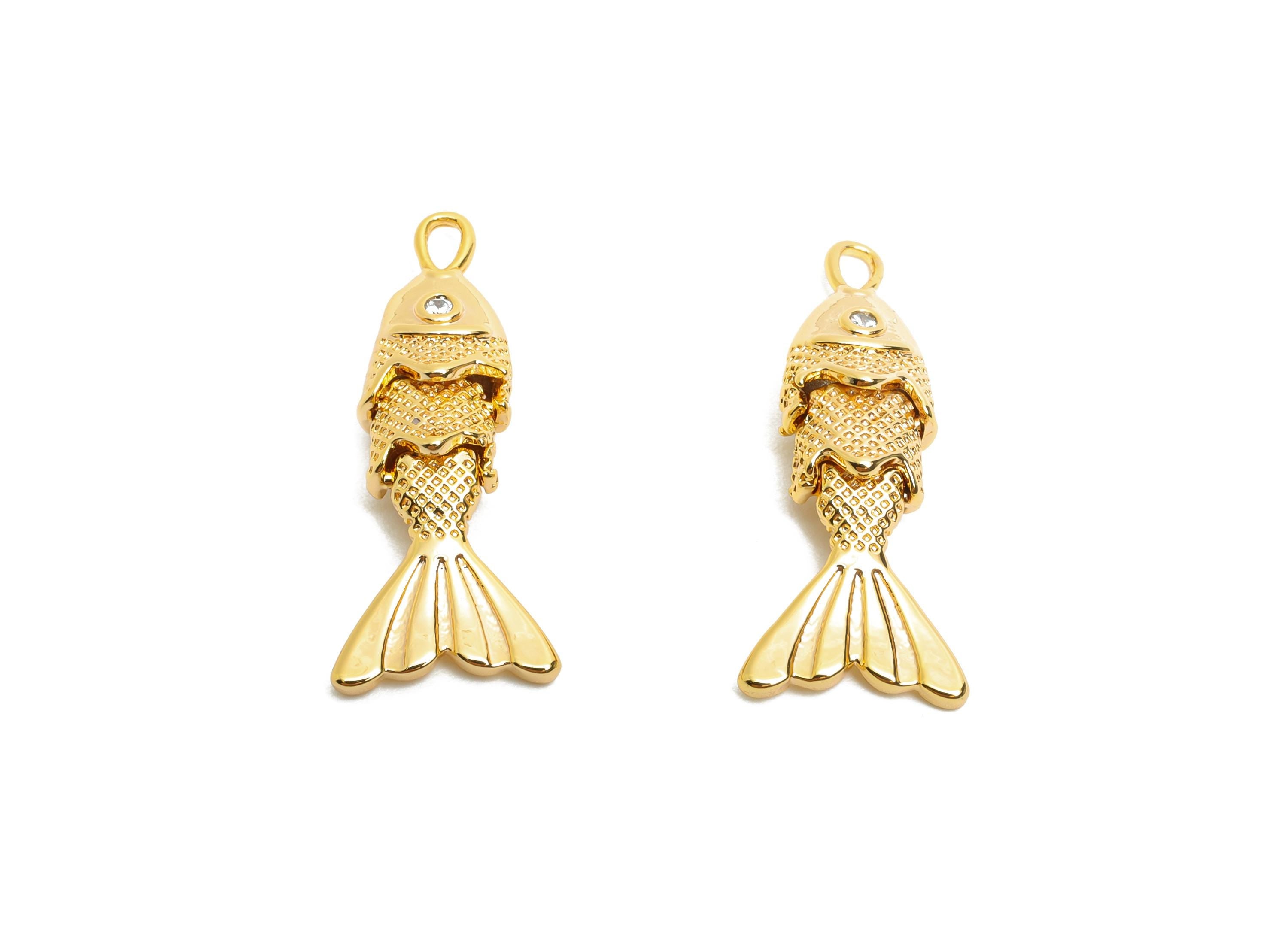 Gold Movable Fish Charms - Dainty Articulated Brass Fish Pendant - CZ Handmade Fish Jewelry - 18K Gold Plating - 22.47x9.3x4.9mm - RGP10514 - DOMEDBAZAAR
